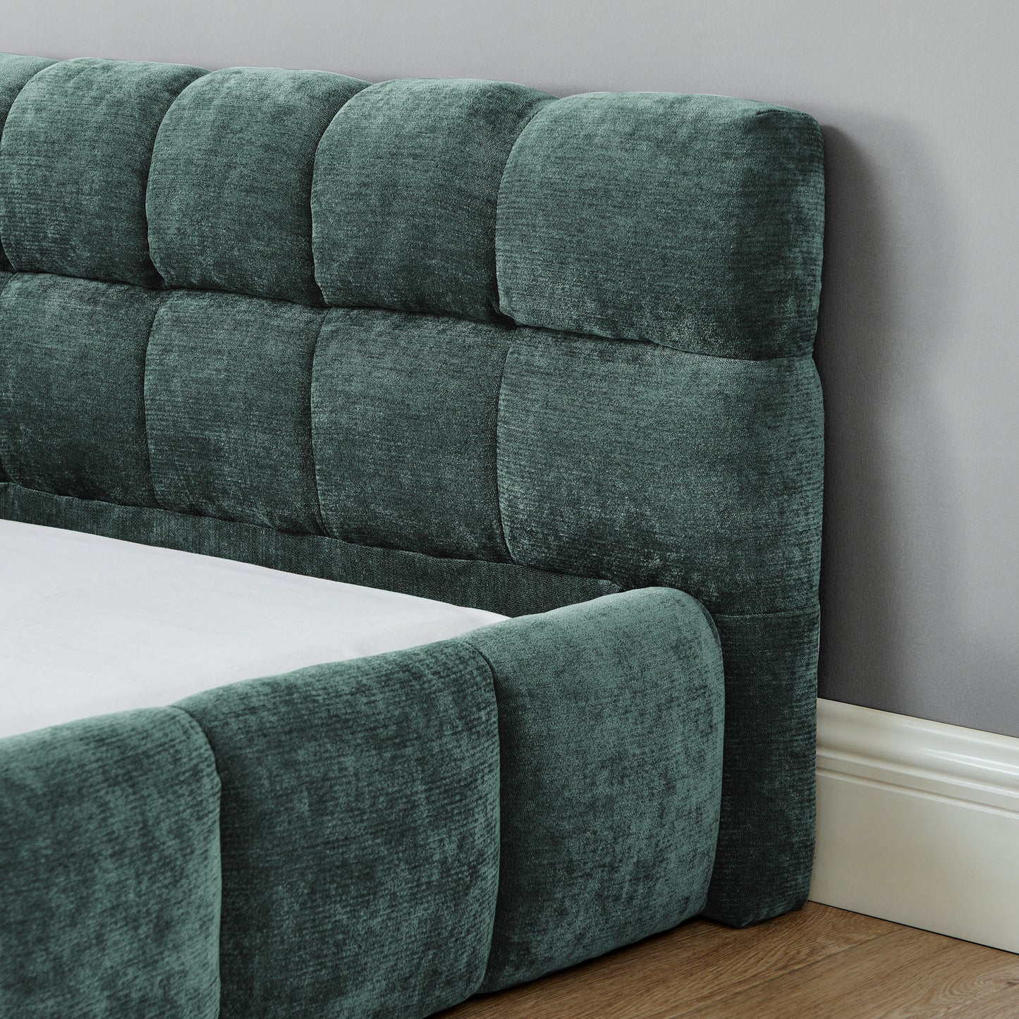 California King size Upholstered Bed Frame with Thick Fabric, Chenille Fabric Grounded California King Platform Bed with Headboard and Solid Frame. No Box Spring Needed-Blue Green-(90.5''*80.5''*31'') image 4