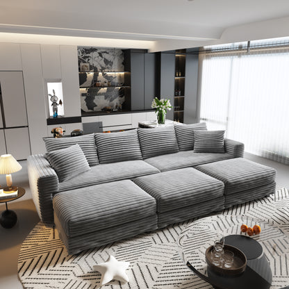 102.4 "Plush Corduroy 4-Seat Sofa,Modern Comfy Upholstered Sofa Cloud Couch,Deep Seat Couches with Soft Pillows and 3 Ottomans,Convertible Sofa Lounge Chair,Grey(Old SKU:W1885S00284) image 1