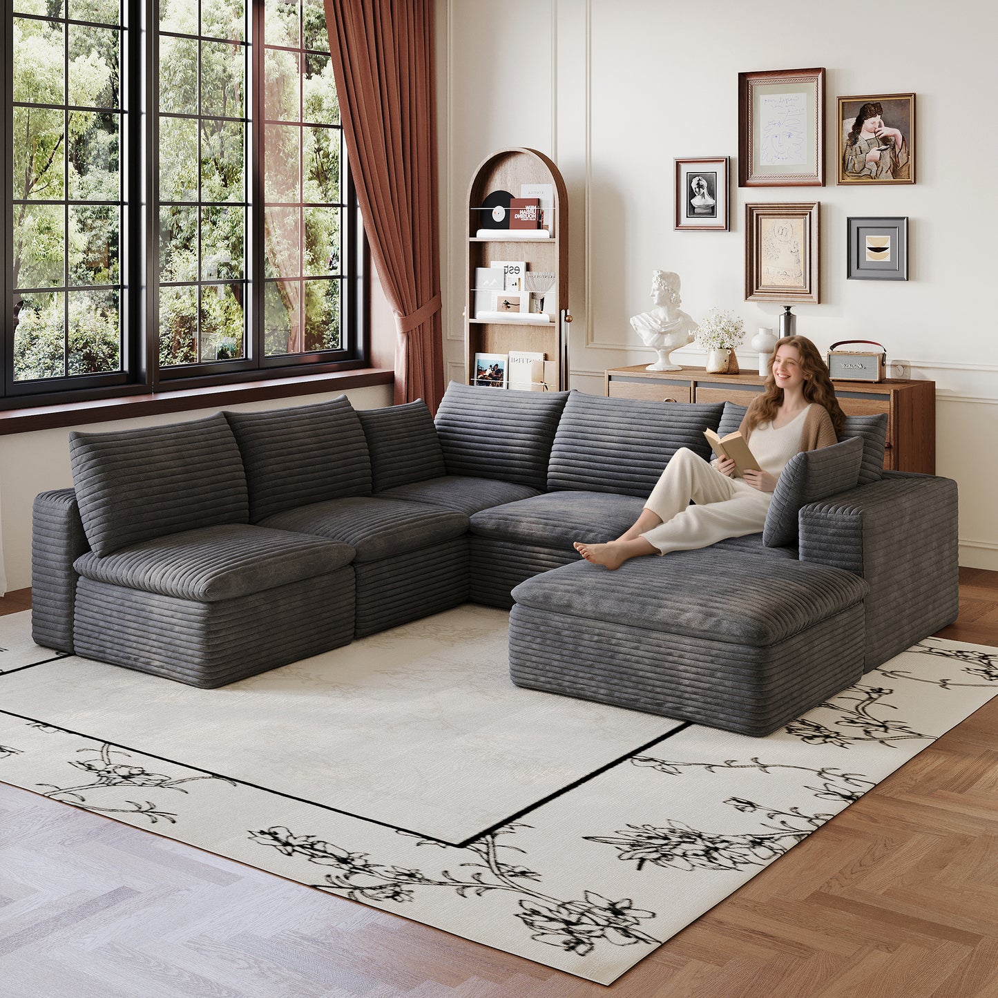 99*103" Cloud Sofa,Corduroy Fabric,Deep Seat Couches,Double-layer design,Removable Cushion,No Assembly, DIY Combination for Living room, Bedroom,Conference room,Apartment,Dark Grey image 1