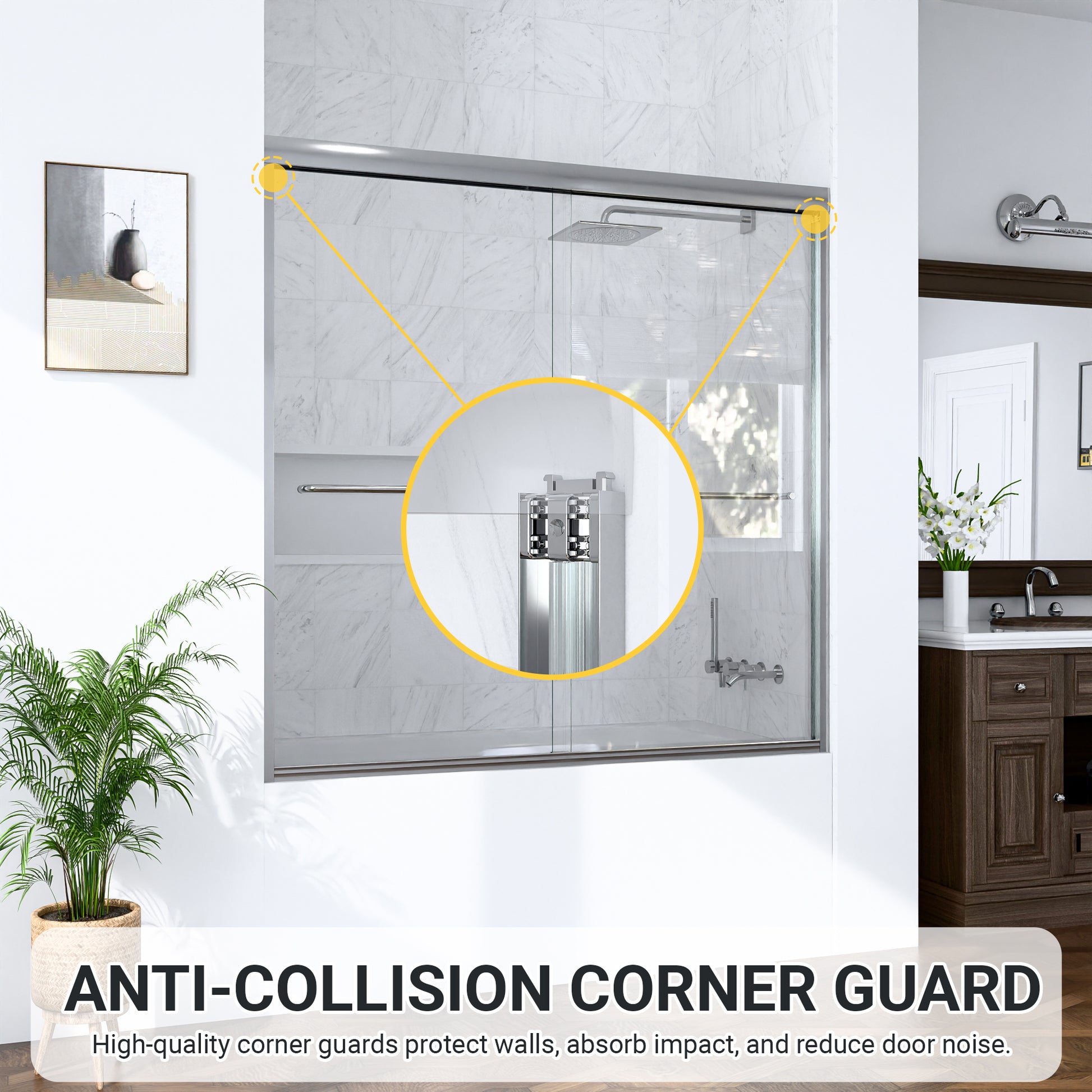 56"-60"W*60" H Semi-Frameless Double Sliding Shower Door, Bypass Shower Door, 1/4" (6mm) Thick SGCC Tempered Glass Door,Chrome image 9