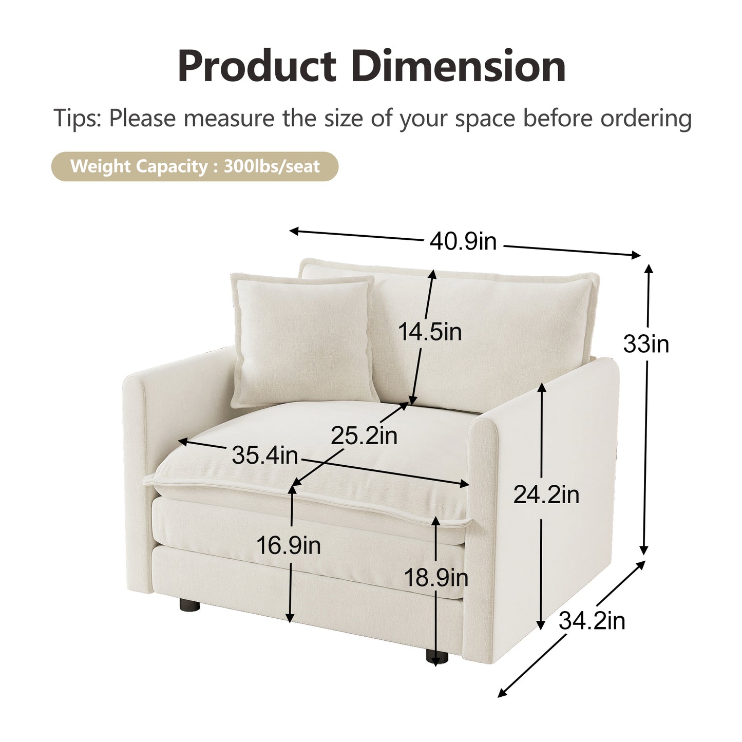 Comfy Deep Single Seat Sofa Upholstered Reading Armchair Living Room Chair White Chenille Fabric, 1 Toss Pillow image 7