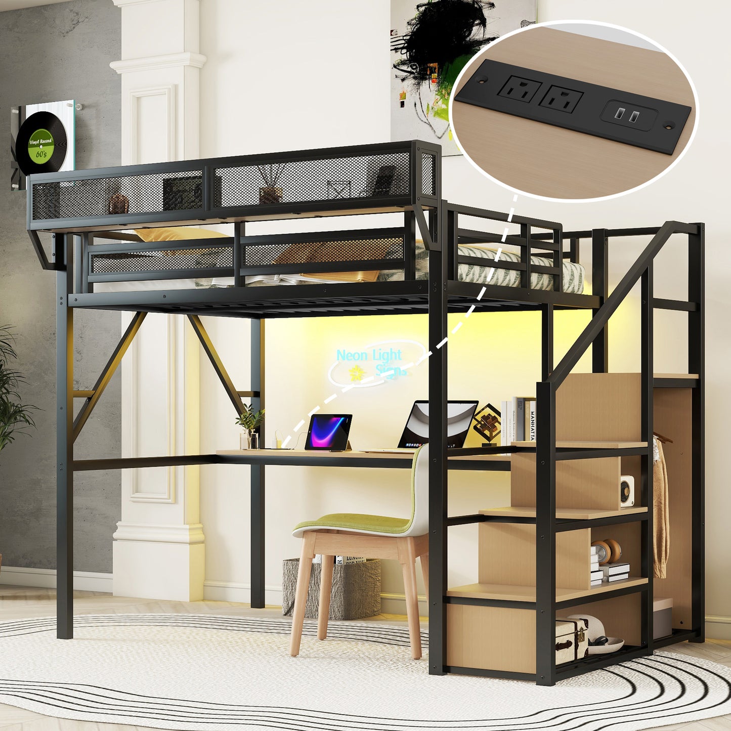 Full Loft Bed with Desk and Charging Station, Full Size Metal Loft Bed with Stairs and Light for Kids Teens, Black, Patent Products image 1