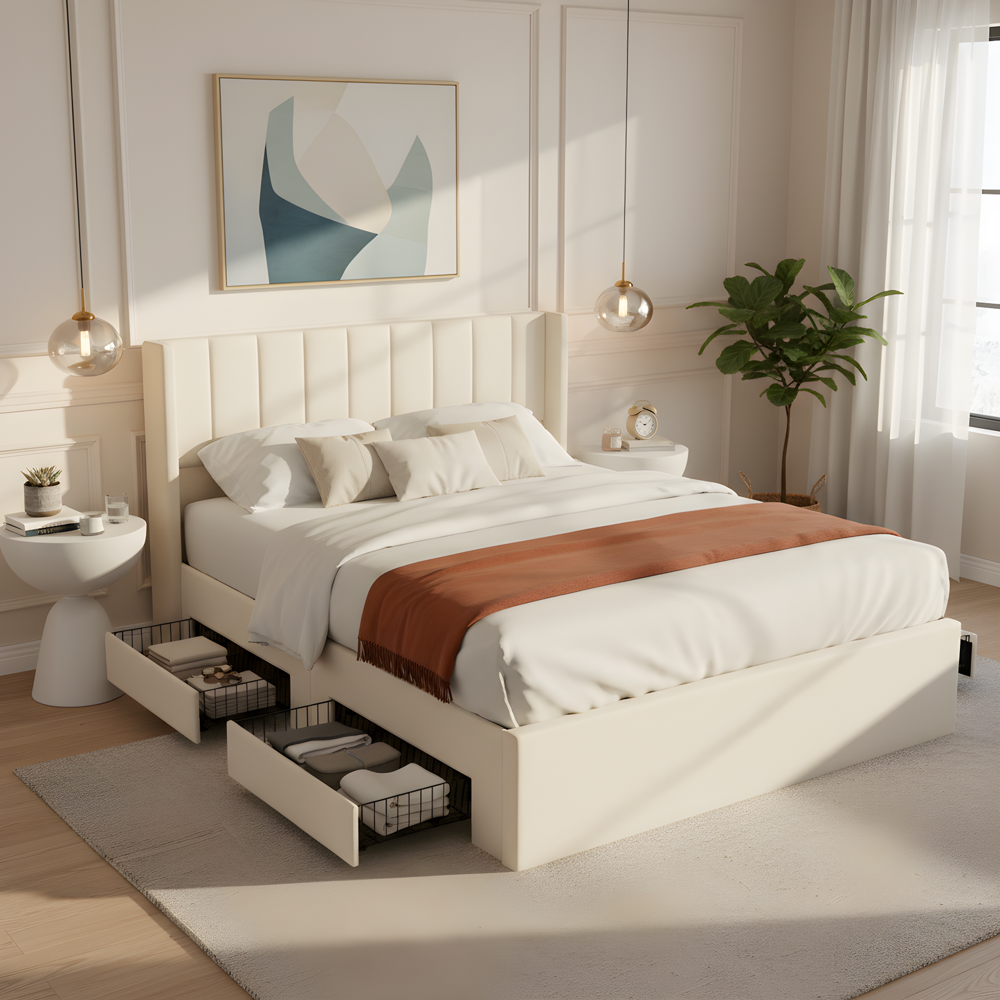 Large-capacity upholstered storage bed with drawers,Beige,Queen image 1
