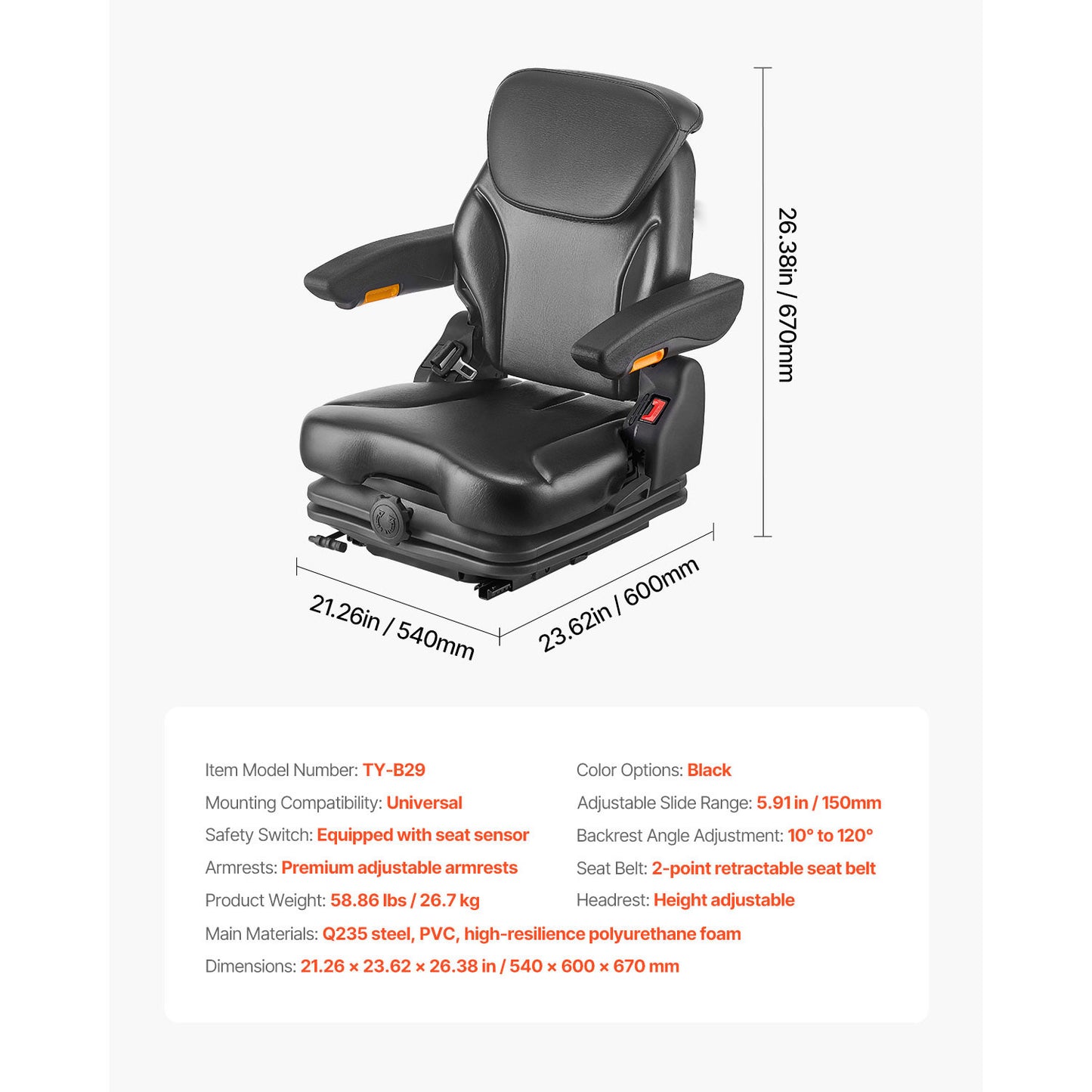 Forklift Seat Fold Down Tractor Suspension Seat Adjustable Back & Headrest image 5