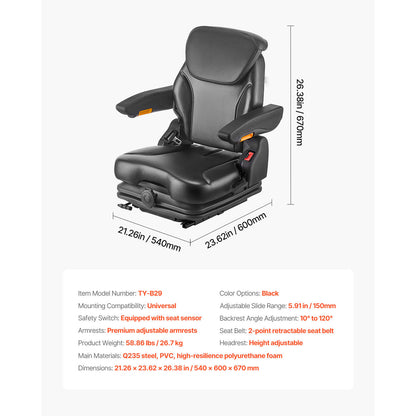 Forklift Seat Fold Down Tractor Suspension Seat Adjustable Back & Headrest image 5