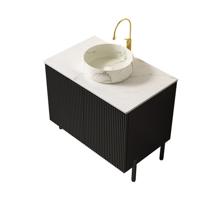 TURIO 30" Bathroom Vanity with Sink, Freestanding Bathroom Storage Cabinet with 2 Doors, White Round Ceramic Basin with Stone Pattern and Carrara White Counter Top, No Faucet, Black Color image 4