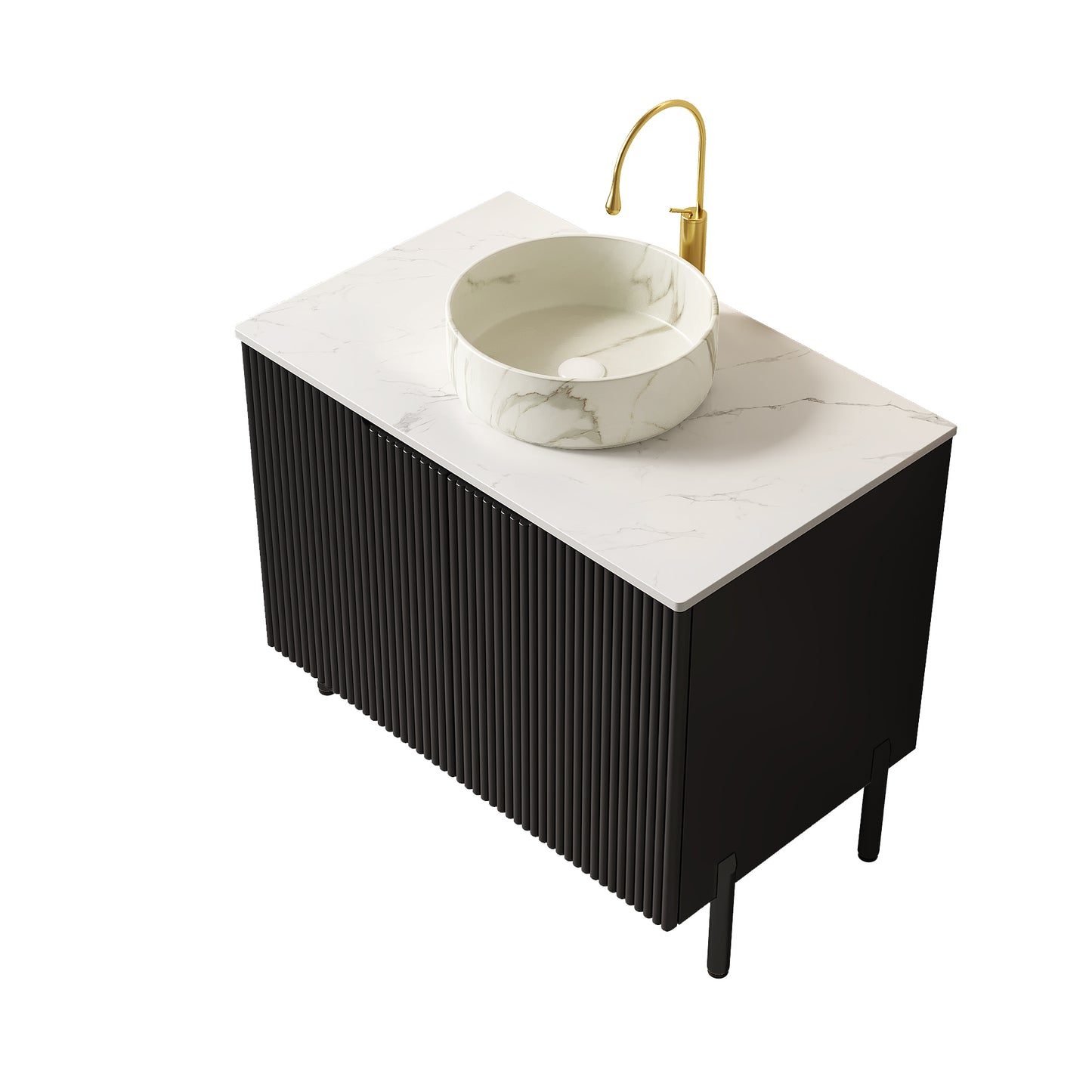 TURIO 72" Freestanding Double Bathroom Vanity with Sinks, 2x30" Striped Storage Cabinets + 12" Removable Open Shelf, 2 White Round Stone Pattern Vessel Basins with Carrara White Countertop, Black image 5