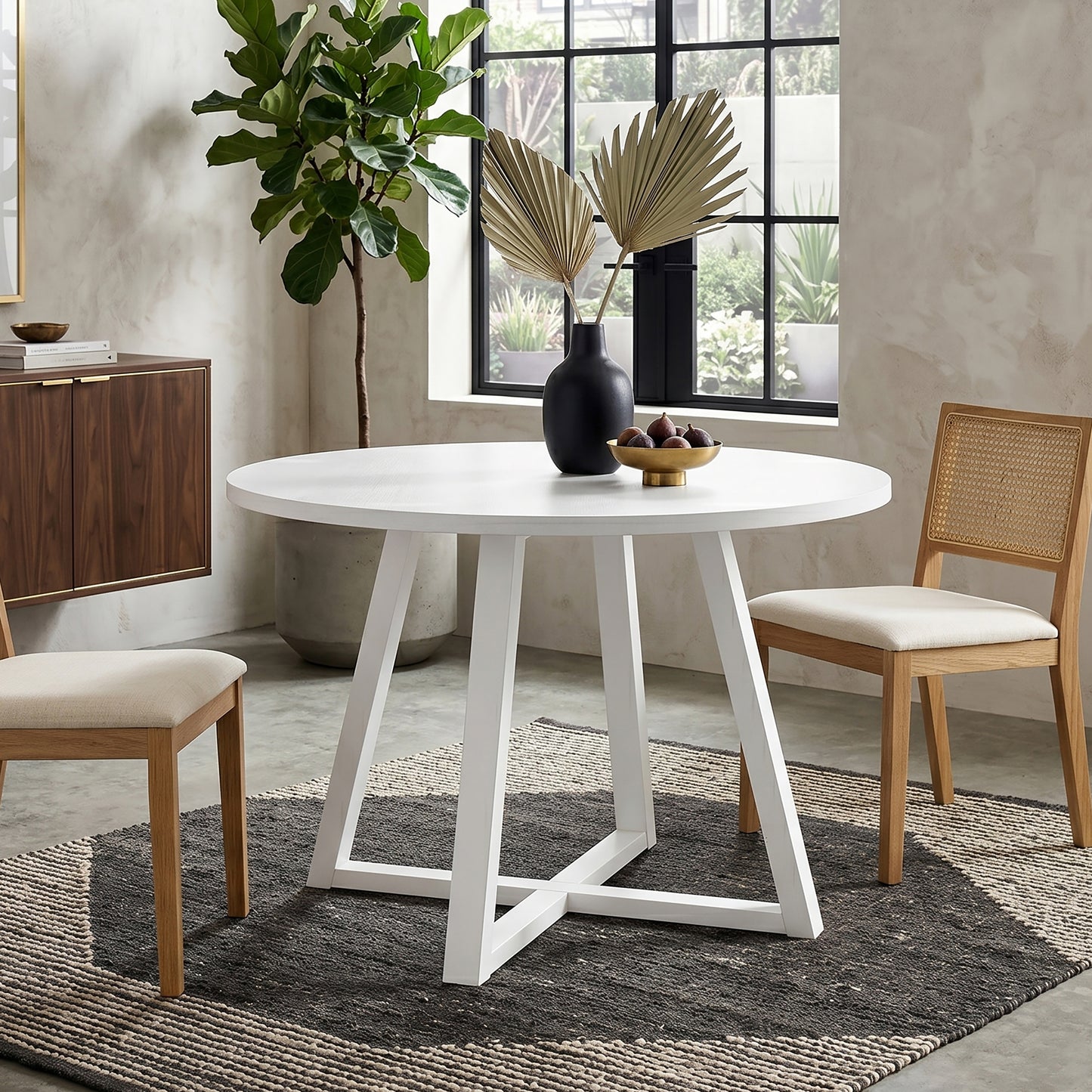 Edo Contemporary Round Dining Table, Trestle Base, White Finish image 2
