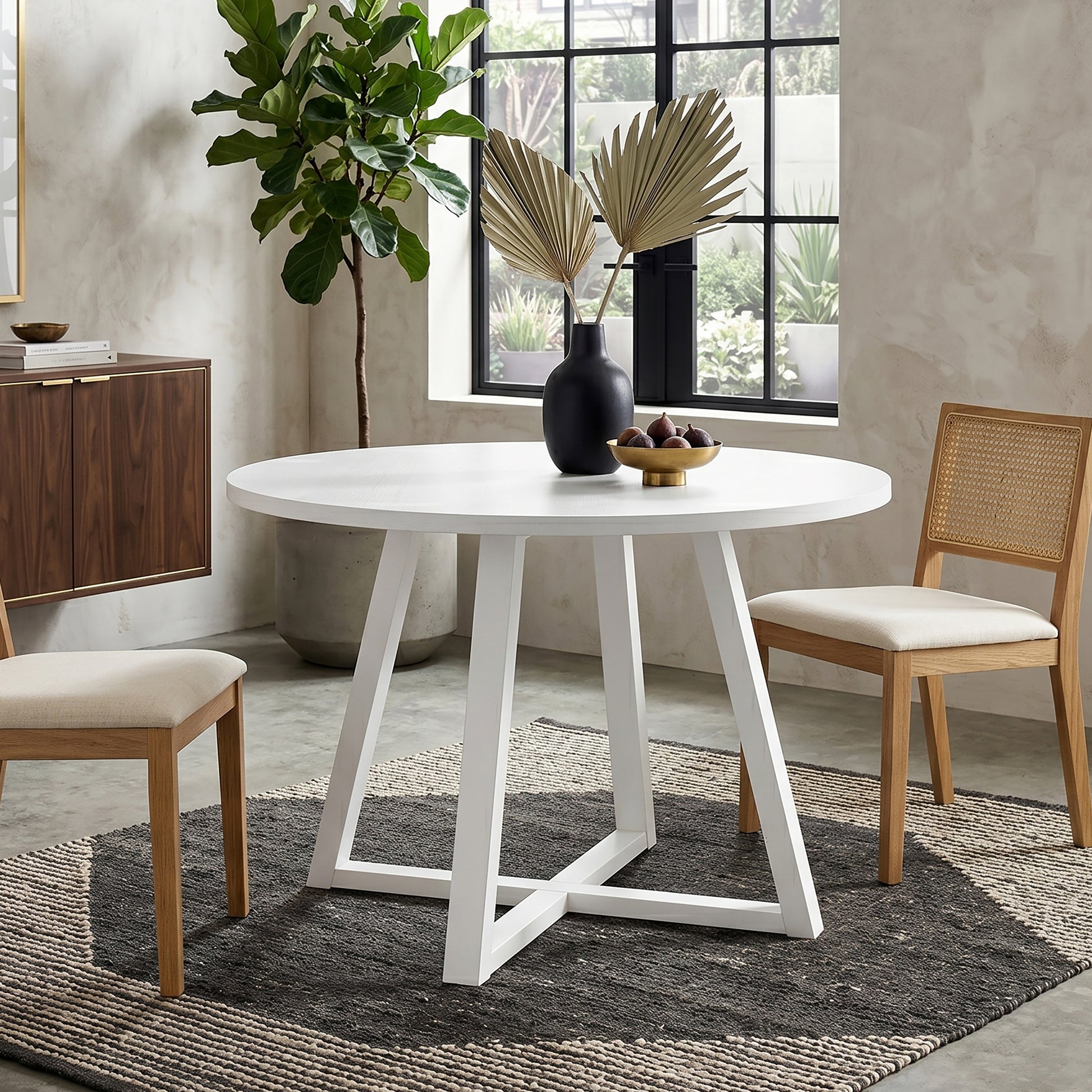 Edo Contemporary Round Dining Table, Trestle Base, White Finish image 2