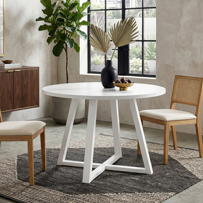 Edo Contemporary Round Dining Table, Trestle Base, White Finish image 2