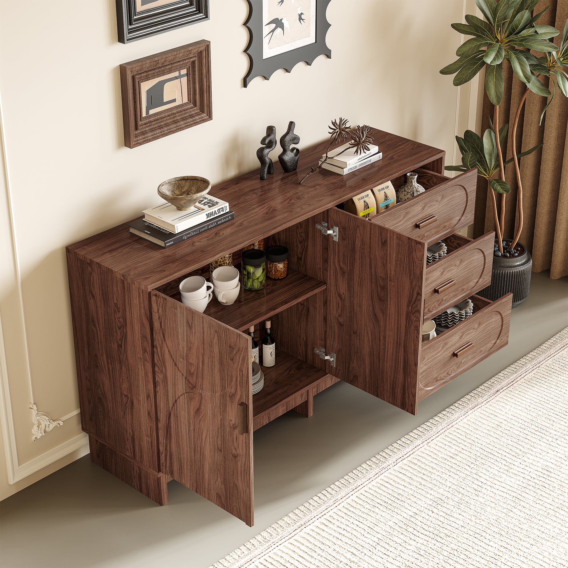 59.1" Buffet Sideboard with 2 Doors and 3 Drawers, Walnut Finish with Oval Grain Texture, Farmhouse Storage Cabinet for Dining Room Living Room Hallway, Large Space Accent Furniture, Easy Assembly image 4