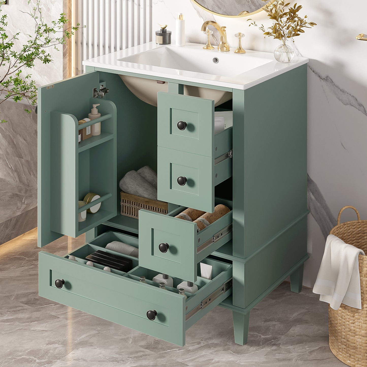 24-inch light green bathroom vanity with an integrated ceramic basin, featuring a door-mounted double-layer shelf, soft-close drawers, and a soft-close cabinet door image 1