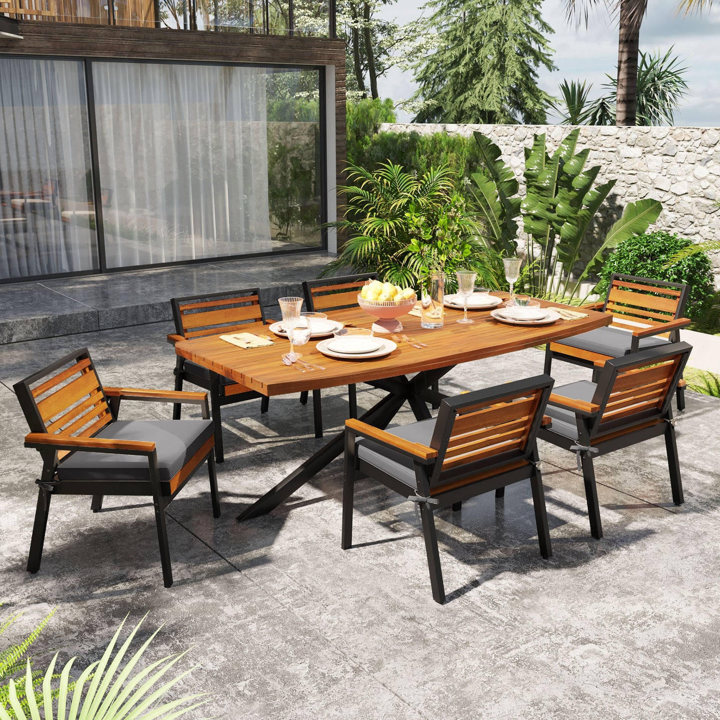 Modern 7-Piece Dining Set, Acacia Wood with Iron Frame, 6 Chairs with Dual-Layer Iron & Wood Seat Frame and Detachable Cushions, Outdoor/Indoor Furniture for Patio and Garden, Gray image 2