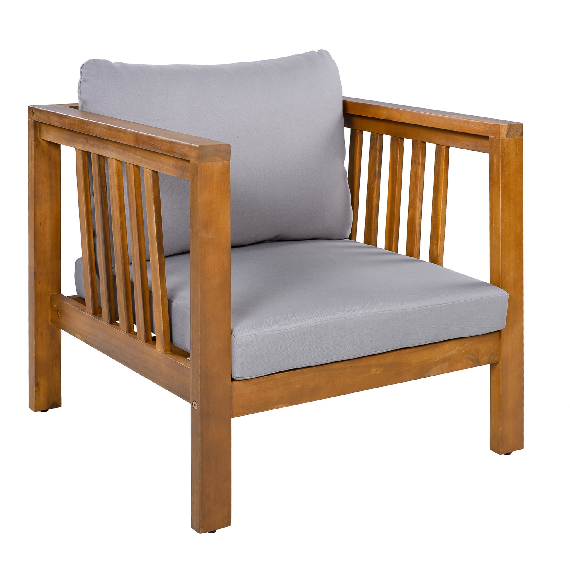 Outdoor Acacia Wood Club Chair with Modern Square Arms, Patio Chair with Thick Cushion, Adjustable Leveling Feet for Poolside, Backyard & Deck, Grey Cushion image 10