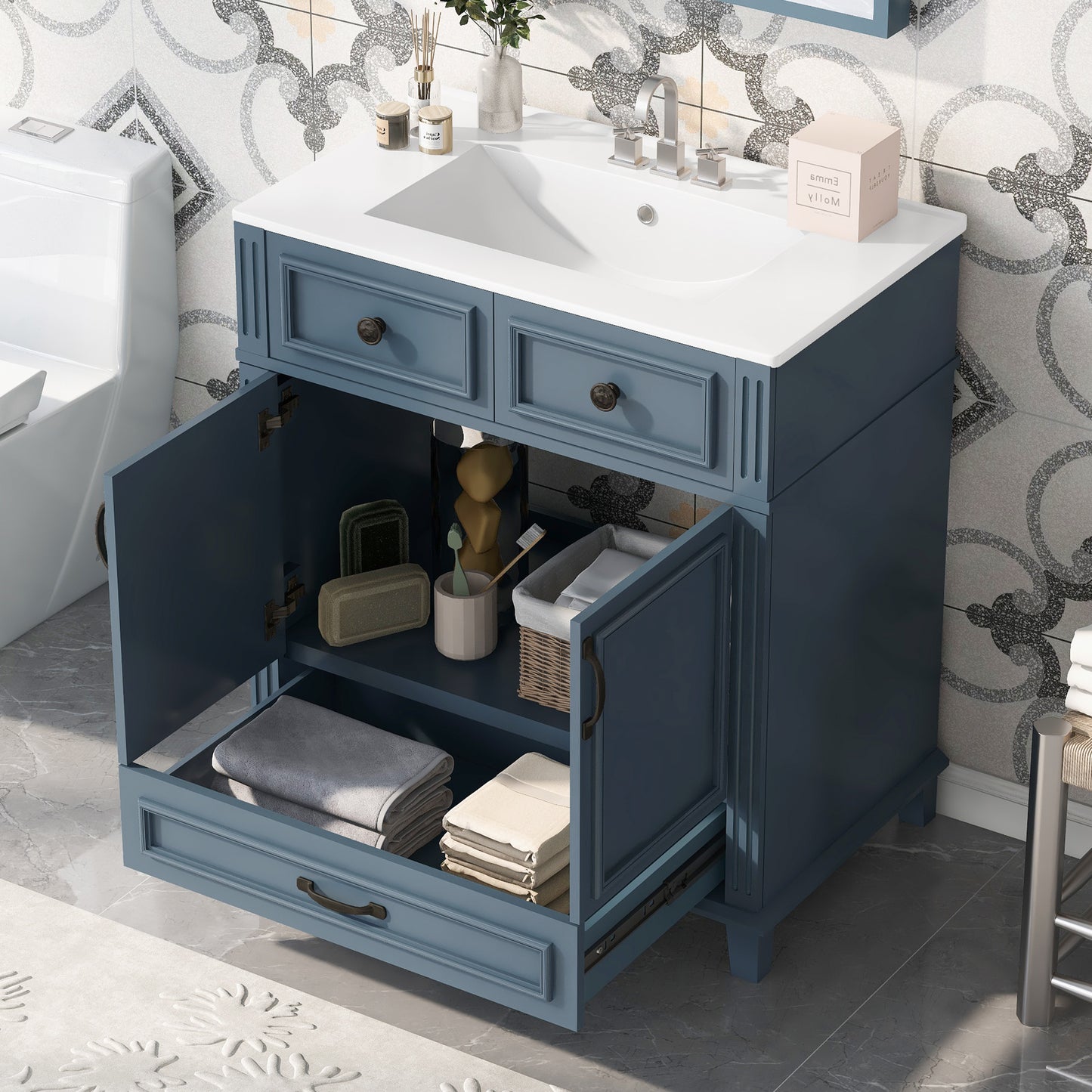 30'' Bathroom Vanity with Ceramic Sink,Solid Wood Frame Bathroom Storage Cabinet with Soft Closing Doors,Retro Style, Blue image 2