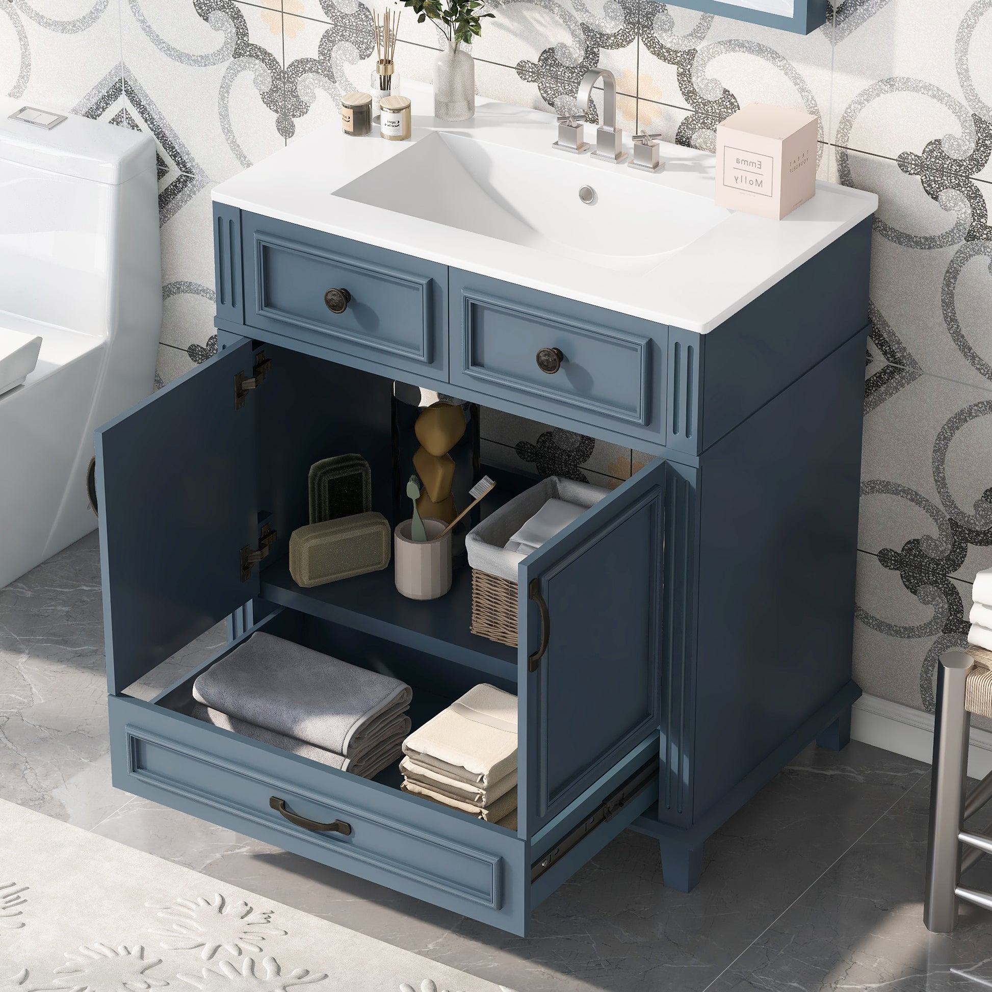 30'' Bathroom Vanity with Ceramic Sink,Solid Wood Frame Bathroom Storage Cabinet with Soft Closing Doors,Retro Style, Blue image 2