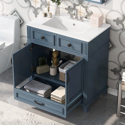 30'' Bathroom Vanity with Ceramic Sink,Solid Wood Frame Bathroom Storage Cabinet with Soft Closing Doors,Retro Style, Blue image 2