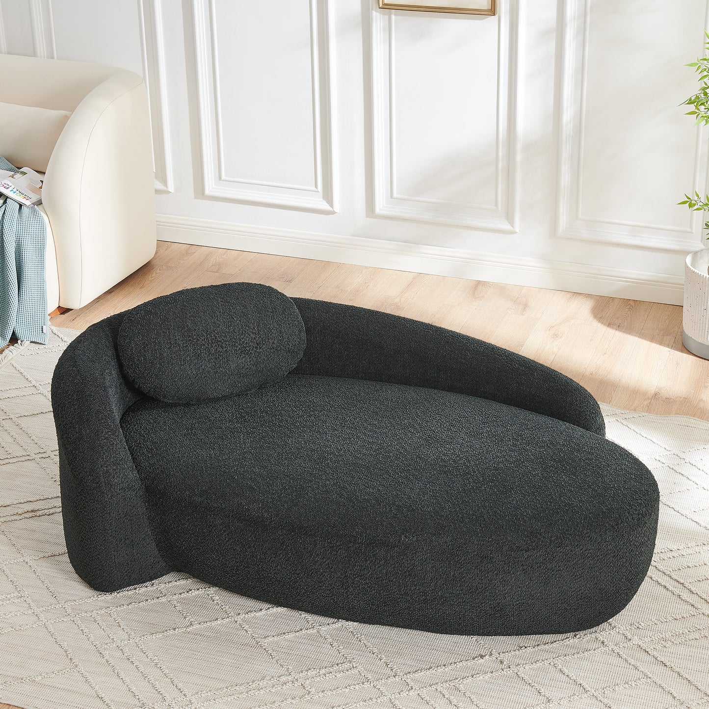 Modern Oval Single Lazy Sofa Chair with Integrated Backrest, Side Armrest and Pillow, Compact Space-Saving Lounge Chair for Living Room Bedroom-Black image 3