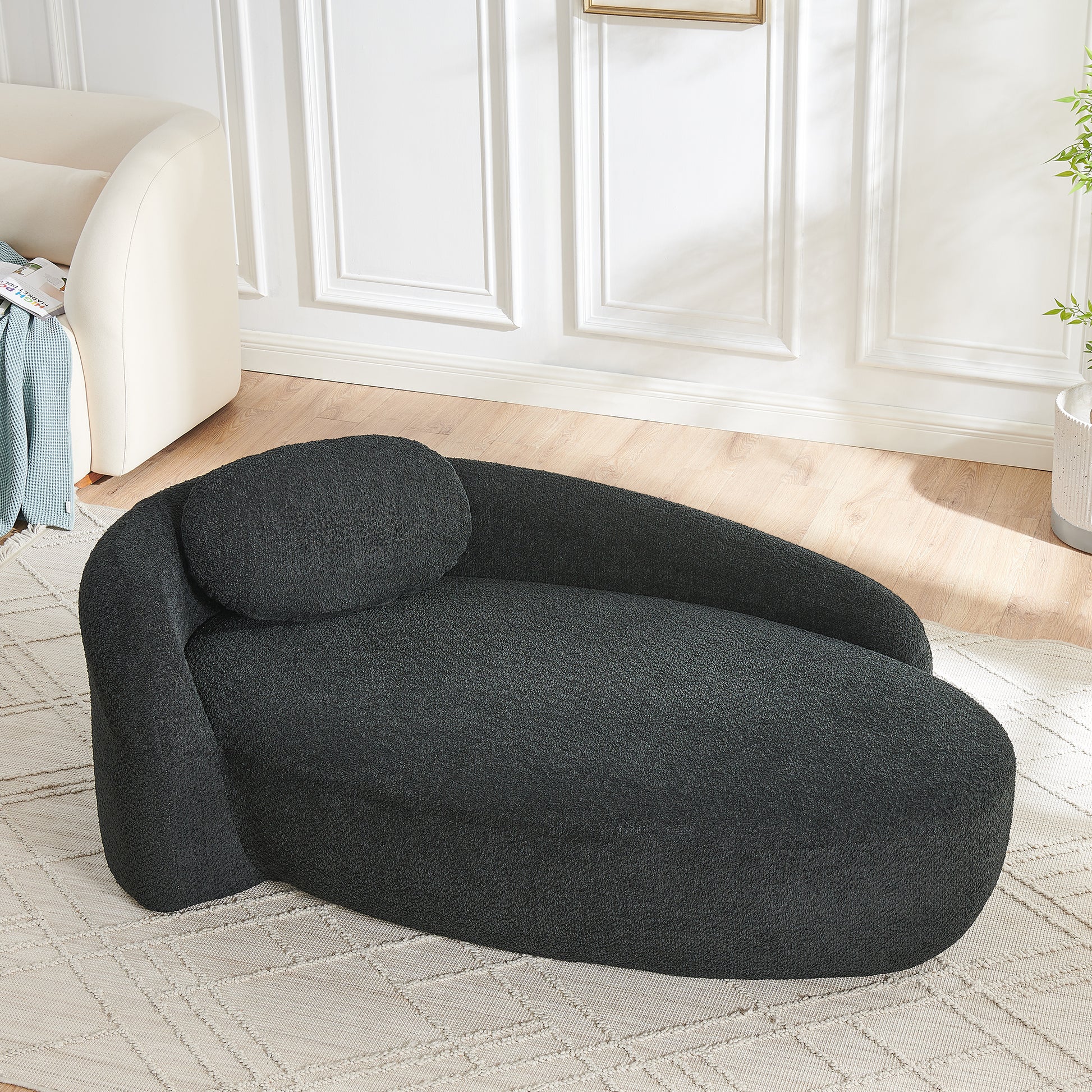 Modern Oval Single Lazy Sofa Chair with Integrated Backrest, Side Armrest and Pillow, Compact Space-Saving Lounge Chair for Living Room Bedroom-Black image 3