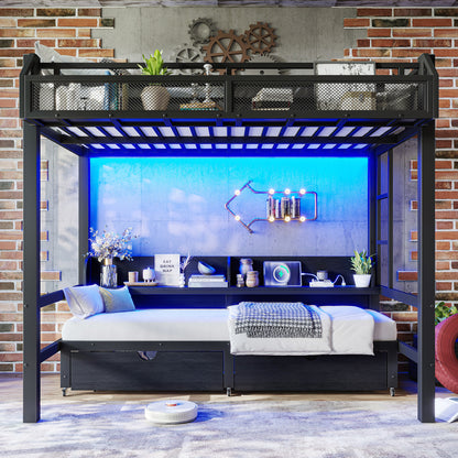 Twin over Twin Bunk Bed with Storage Shelves and Drawers,Multifunctional Metal Bunk Beds with USB Ports and LED Lights, Lower Bed that can be converted into a sofa, Black image 5