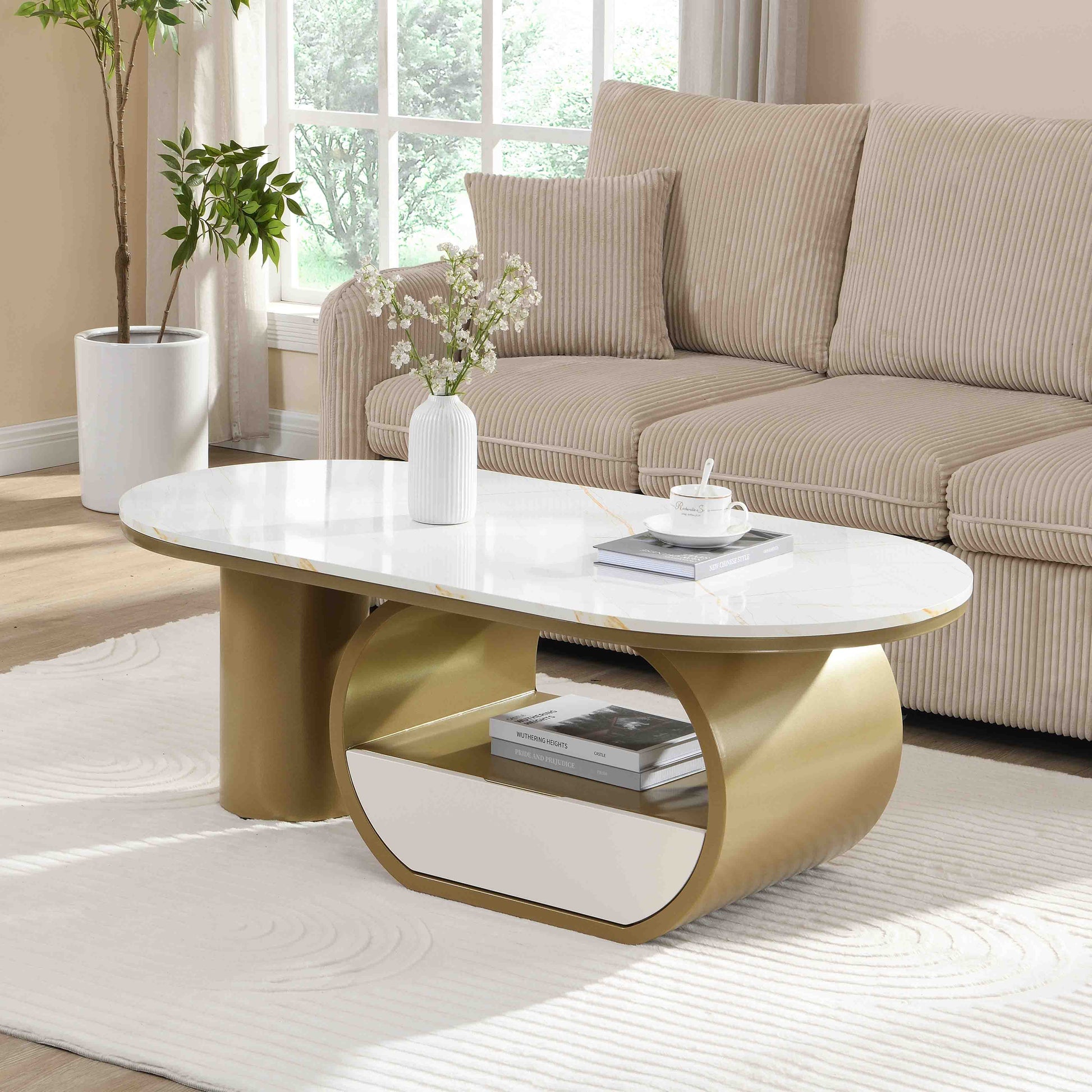 Luxury Modern Oval Coffee Table, 47.24'' Coffee Table with Storage Drawer, Faux Marble Top, Golden Metal Center Table for Living Room image 2