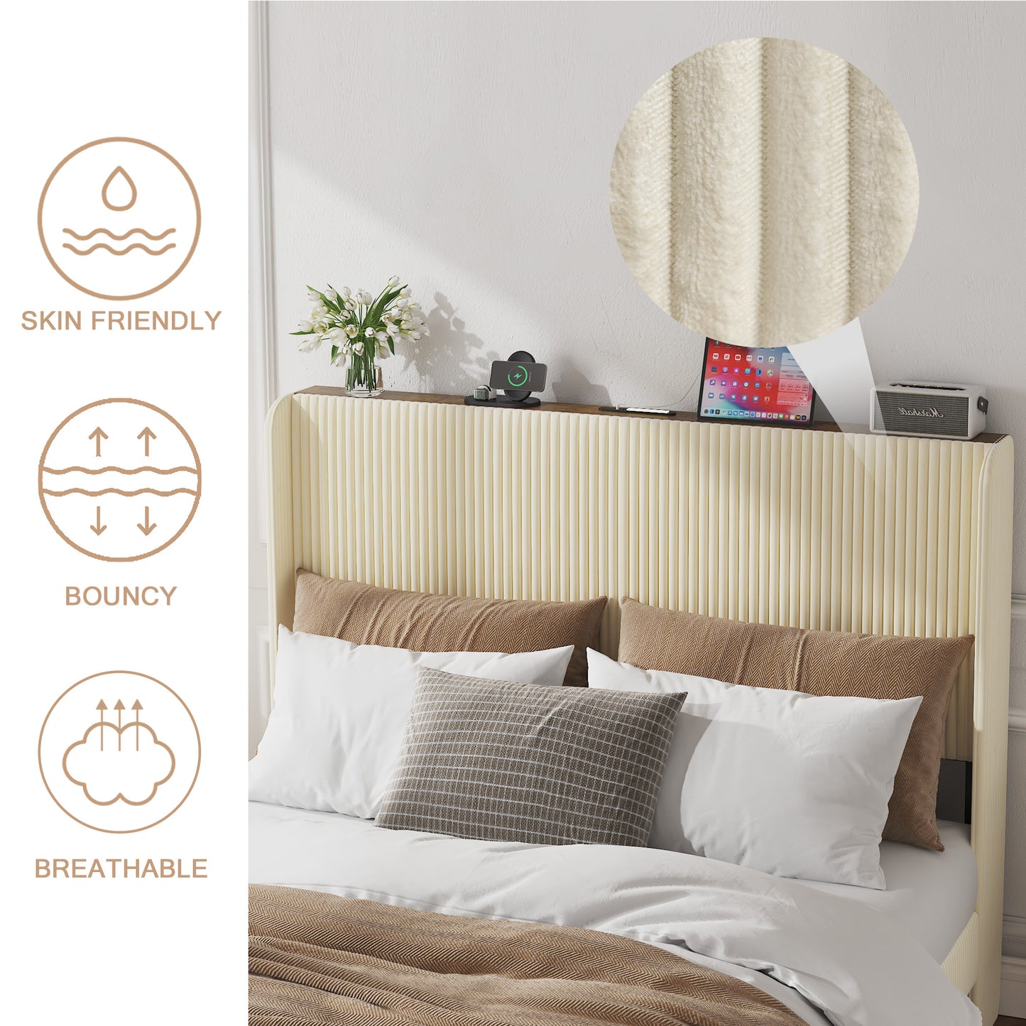 Queen Size Platform Bed, Metal Bed Frame with Charging Station, No Box Spring Needed, (Beige), Noise Free,Easy Assemble. image 6