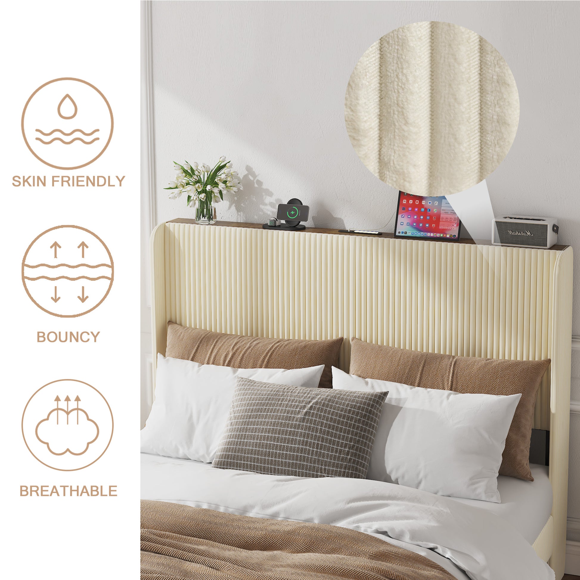 Queen Size Platform Bed, Metal Bed Frame with Charging Station, No Box Spring Needed, (Beige), Noise Free,Easy Assemble. image 6