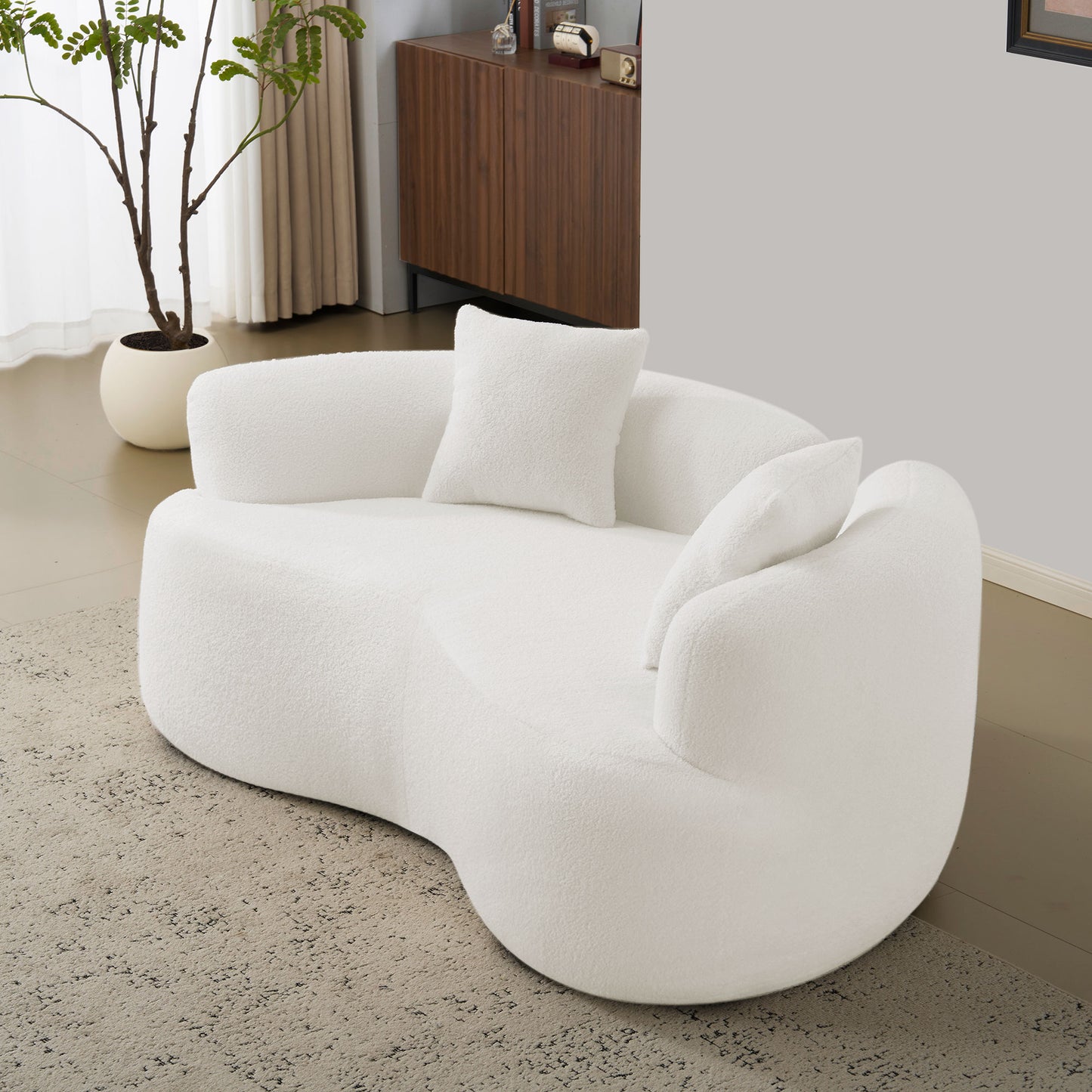 66.93 Inch Curved Loveseat White Full Compression Sponge Sofa, Teddy Velvet Fabric, No-Assembly Compact Sofa for Small Spaces & Apartments, 350 lbs Capacity image 1