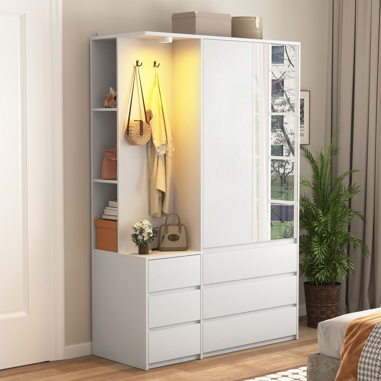 Wardrobe Closet 71.7" H, Bedroom Wooden Wardrobe with 2 Doors 6 Drawers, Modern Clothing Storage Cabinet Combination with Storage Shelves and Hanging Rail, White image 11