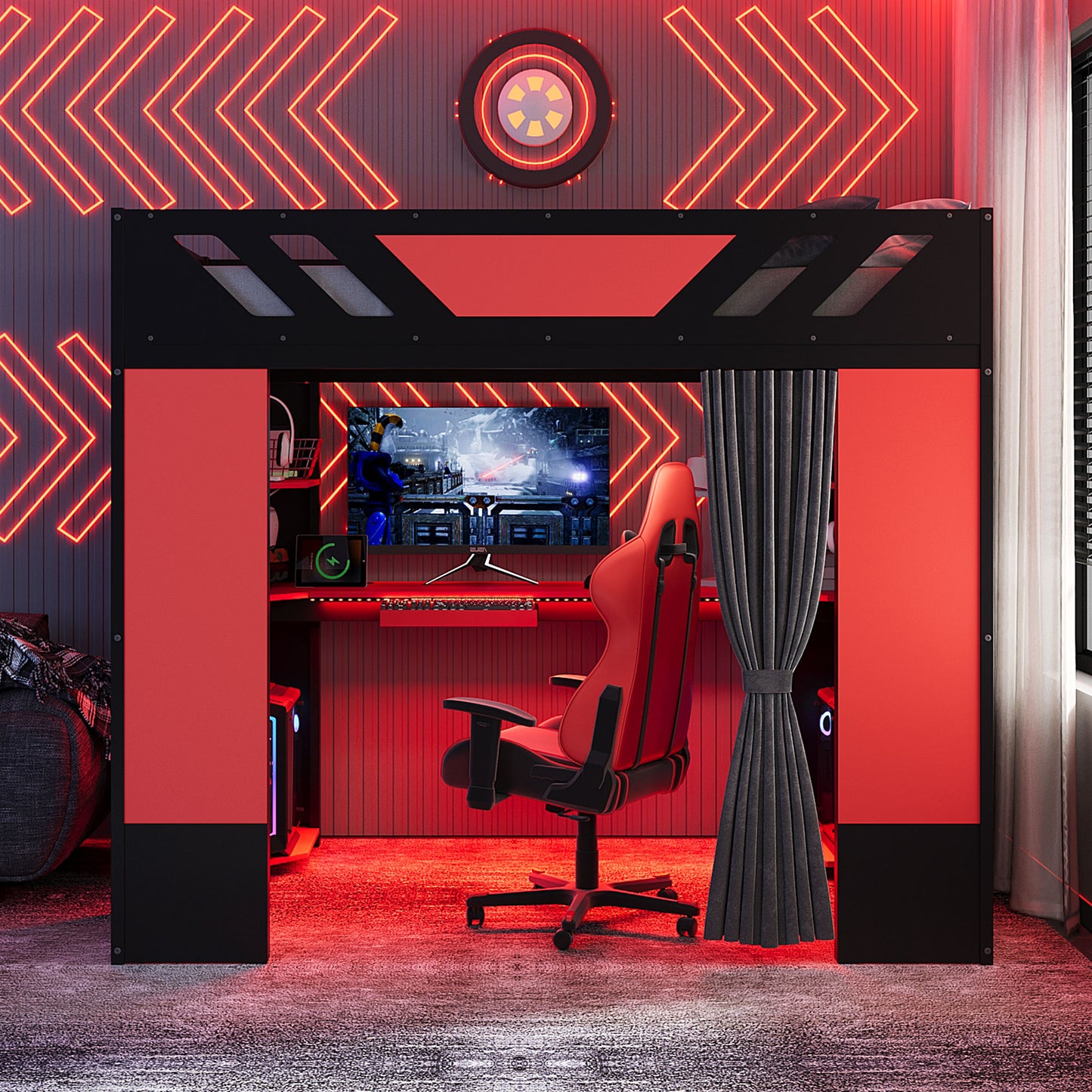 Full Size Wood Loft Bed with,Shelves,Blackout Curtains,and RGB Lights,Black+Red image 2