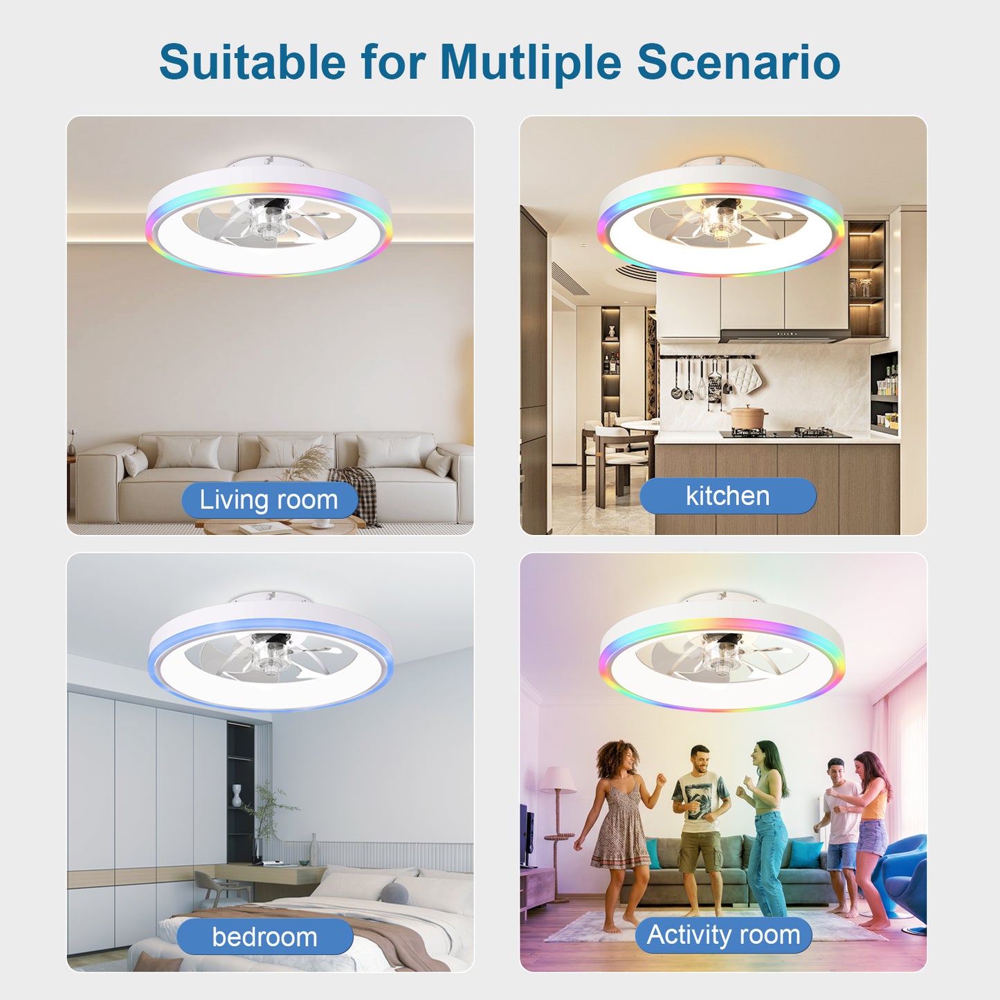 19.7" Modern RGB Ceiling Fan with Lights, Flush Mount Low Profile Fan with Remote & APP, 6-Speed Reversible Silent DC Motor, Dimmable 3000-6500K LED for Bedroom, White image 4