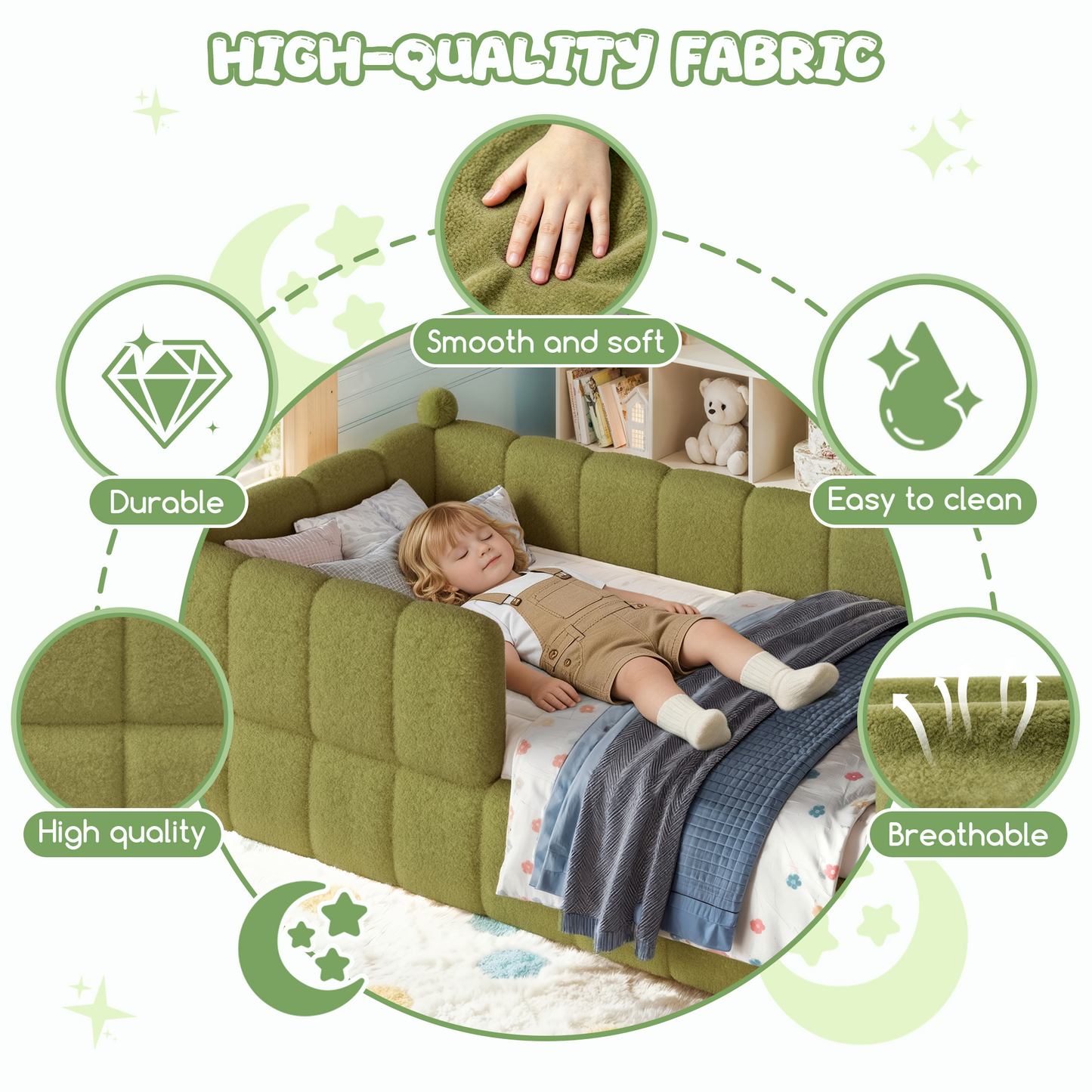 Twin Size Kids Soft Upholstered Floor Bed, Montessori Floor Bed with Full Surround Safety Rails, Low to Ground Child Bed Frame for Boys Girls, Green image 6