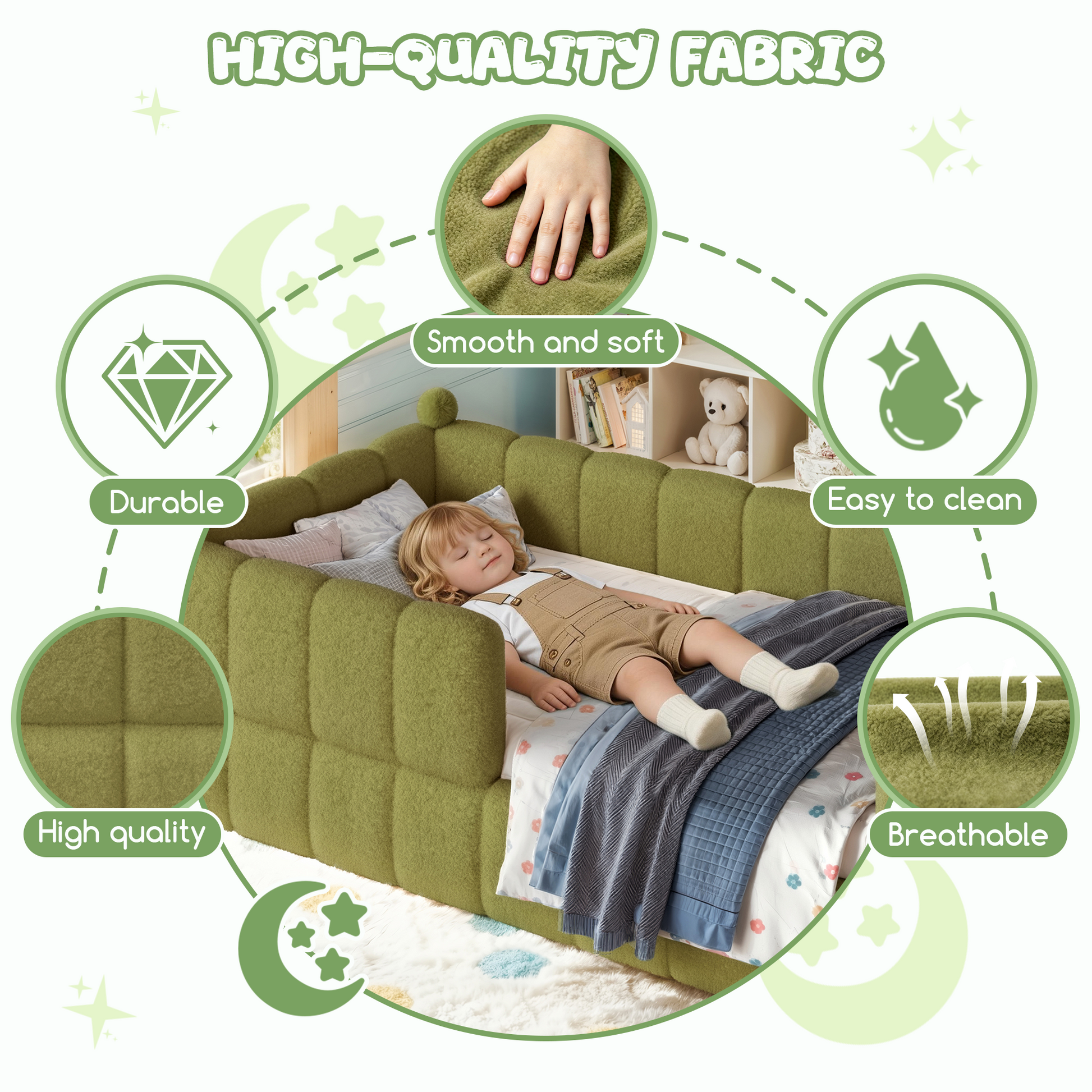 Twin Size Kids Soft Upholstered Floor Bed, Montessori Floor Bed with Full Surround Safety Rails, Low to Ground Child Bed Frame for Boys Girls, Green image 6