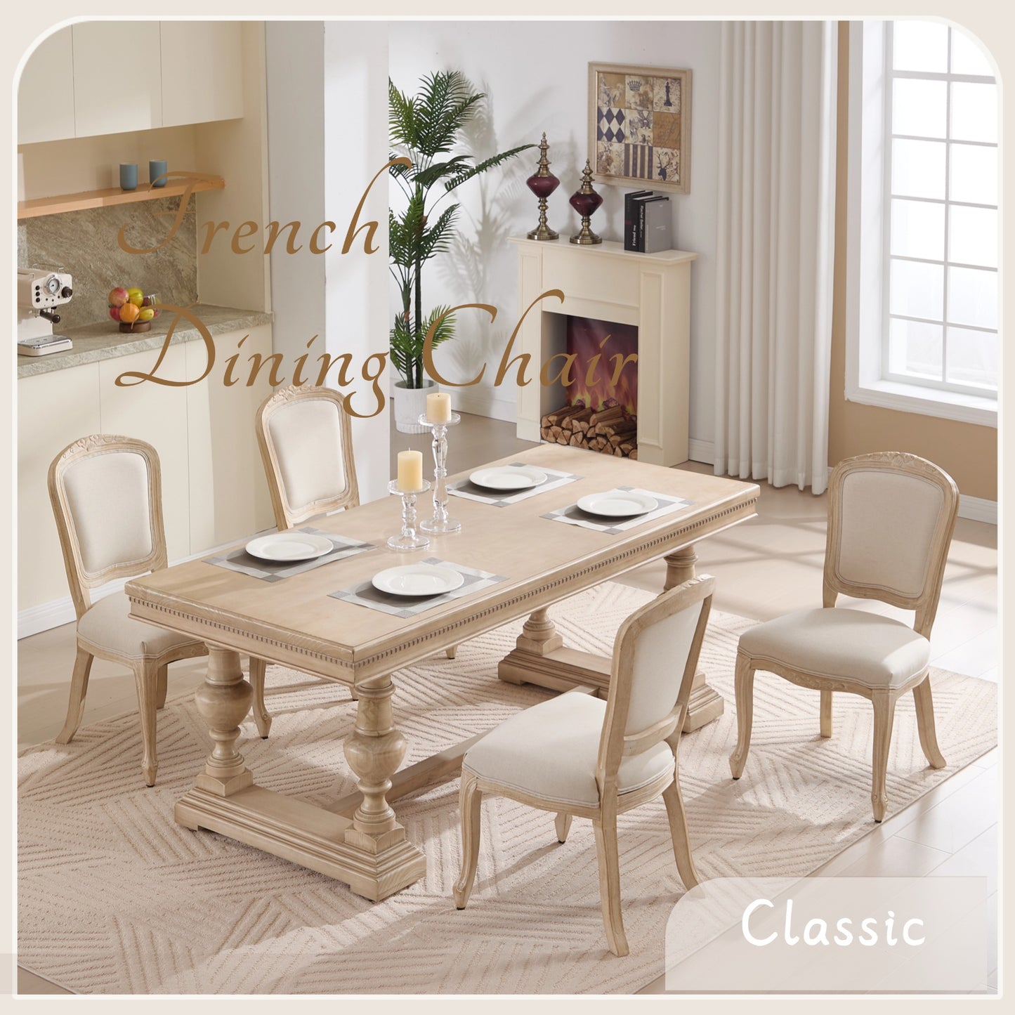 French Country Dining Chairs Set of 2, Upholstered Chairs with Fan-shaped Back, Wire drawing and carving techniques,Disassemblable, for Living Room, Kitchen, Restaurant Use, Beige image 9