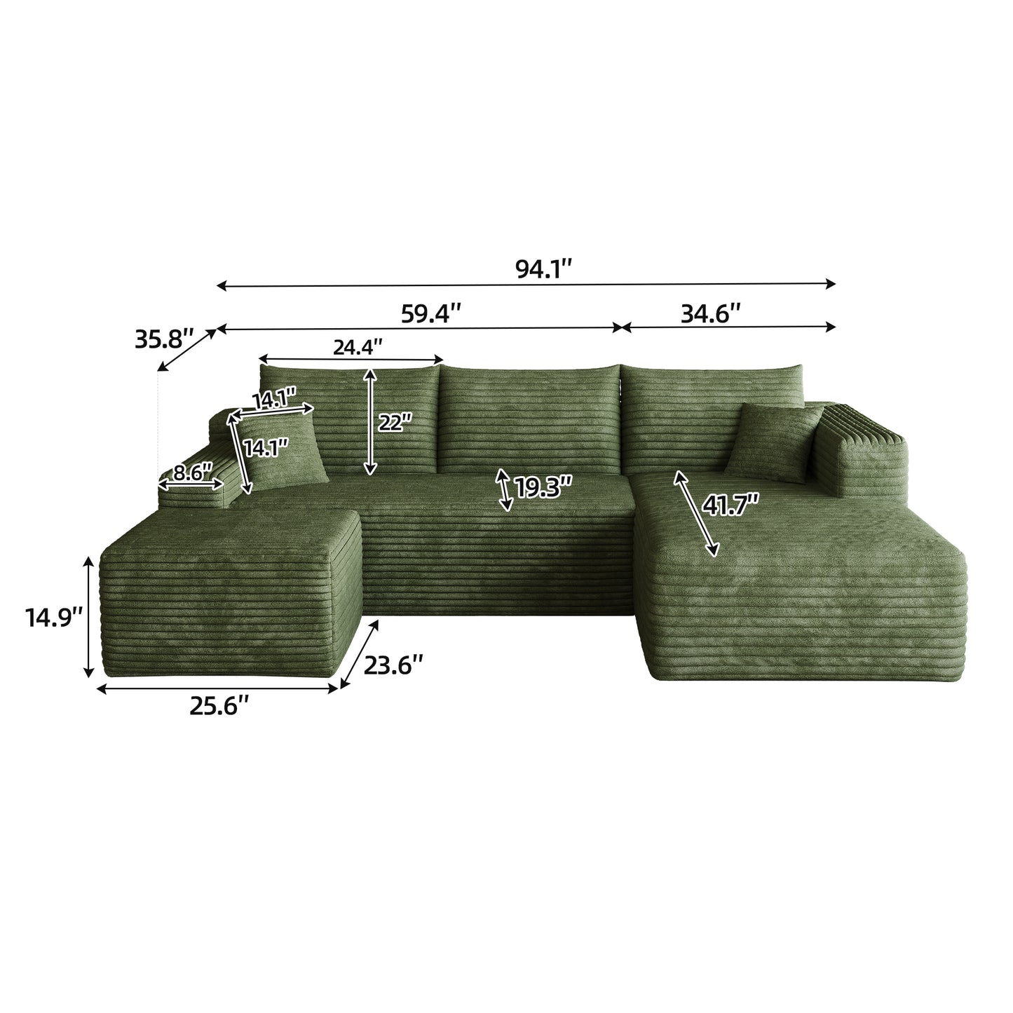 95" Cloud Sectional Sofa with 1 Ottoman,Modern Minimalist Upholstered Couches, Comfort U Shaped Sofa for Living Room,Deep Seat Corner Couch,No Assembly Required,Green((Plush Corduroy Fabric) image 9