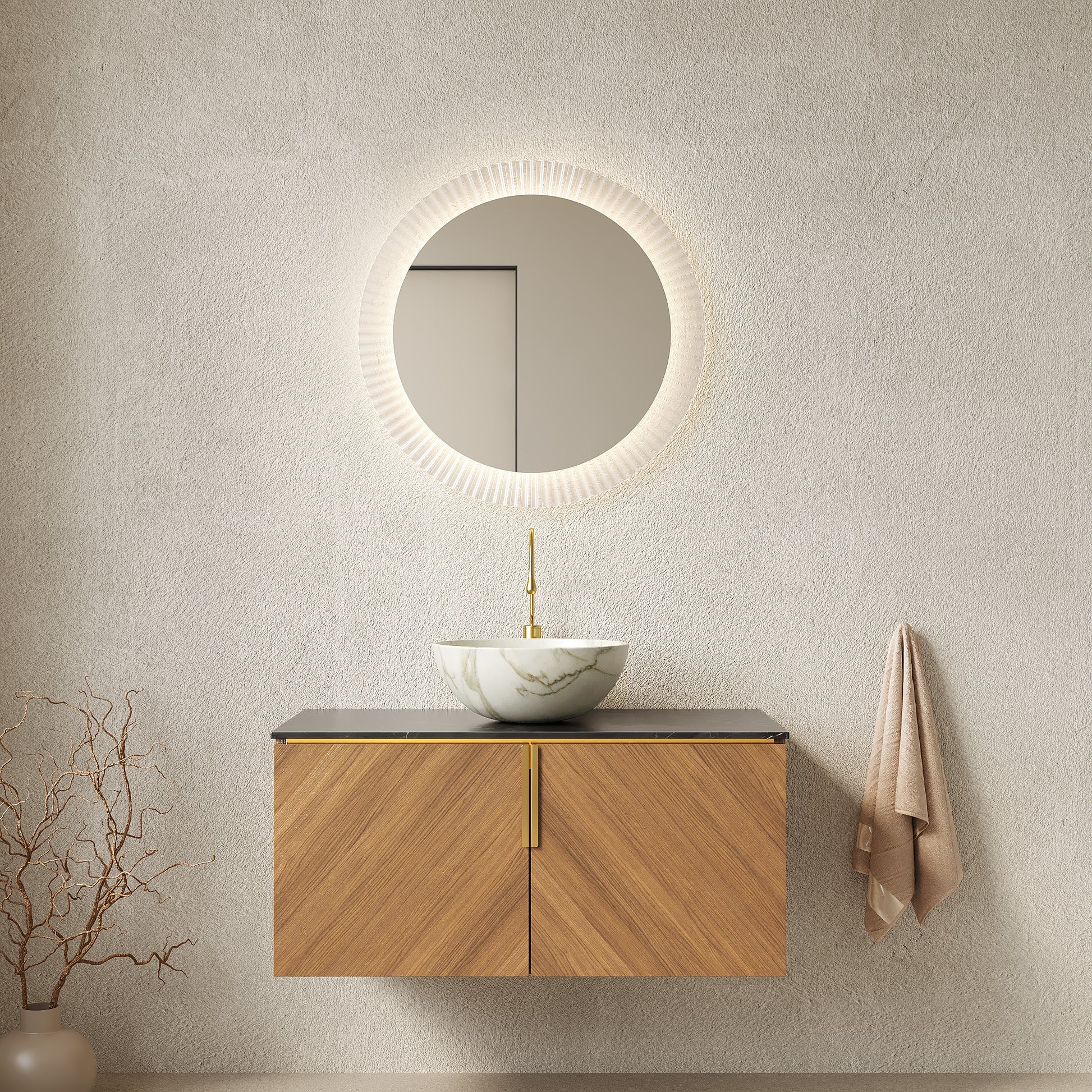 ARAI 36" Bathroom Vanity & Sink, Floating Plywood Bathroom Storage Cabinet with Double Doors, Black Sintered Stone Countertop & White Bowl Ceramic Basin with Stone Pattern, Brown Oak Woodgrain Color image 1
