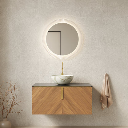 ARAI 36" Bathroom Vanity & Sink, Floating Plywood Bathroom Storage Cabinet with Double Doors, Black Sintered Stone Countertop & White Bowl Ceramic Basin with Stone Pattern, Brown Oak Woodgrain Color image 1