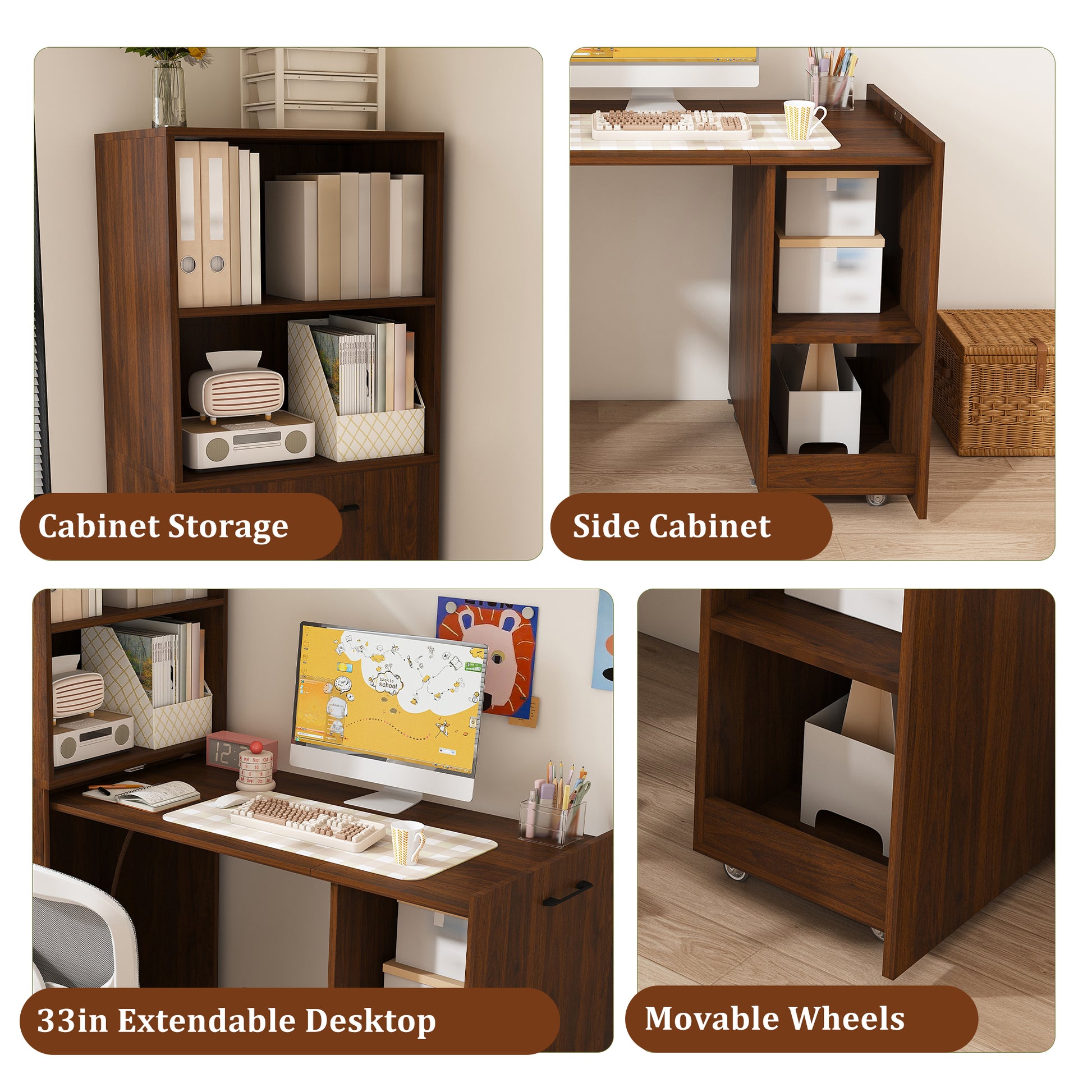 Stretchable desk, office desk with storage shelves and mobile wheels, foldable desk suitable for small apartments and offices,walnut image 6