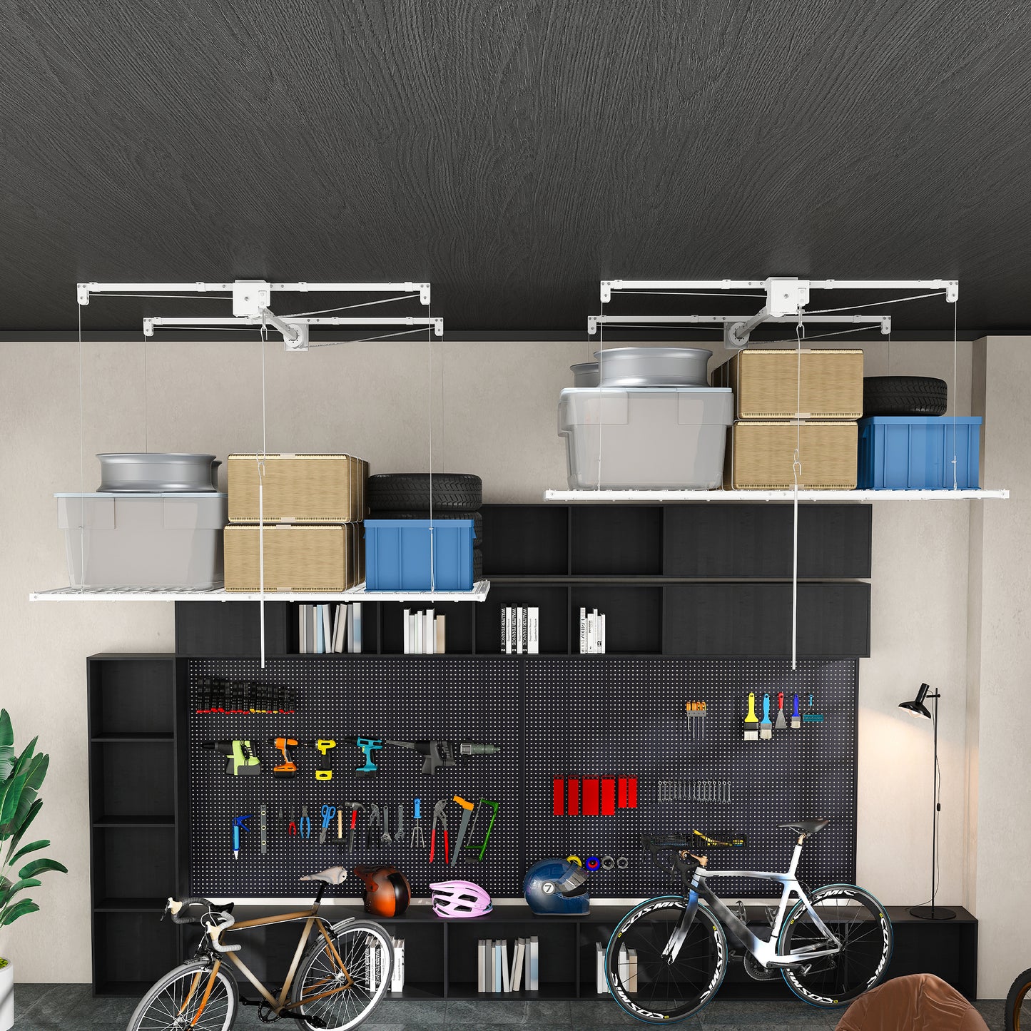 White Overhead Garage Storage Rack 4x8 FT for High Ceilings 10-12 FT, 350LBS Capacity All-Steel Construction with Safety Lock (Installation Required, Heavy-Duty Garage Organizer) image 2