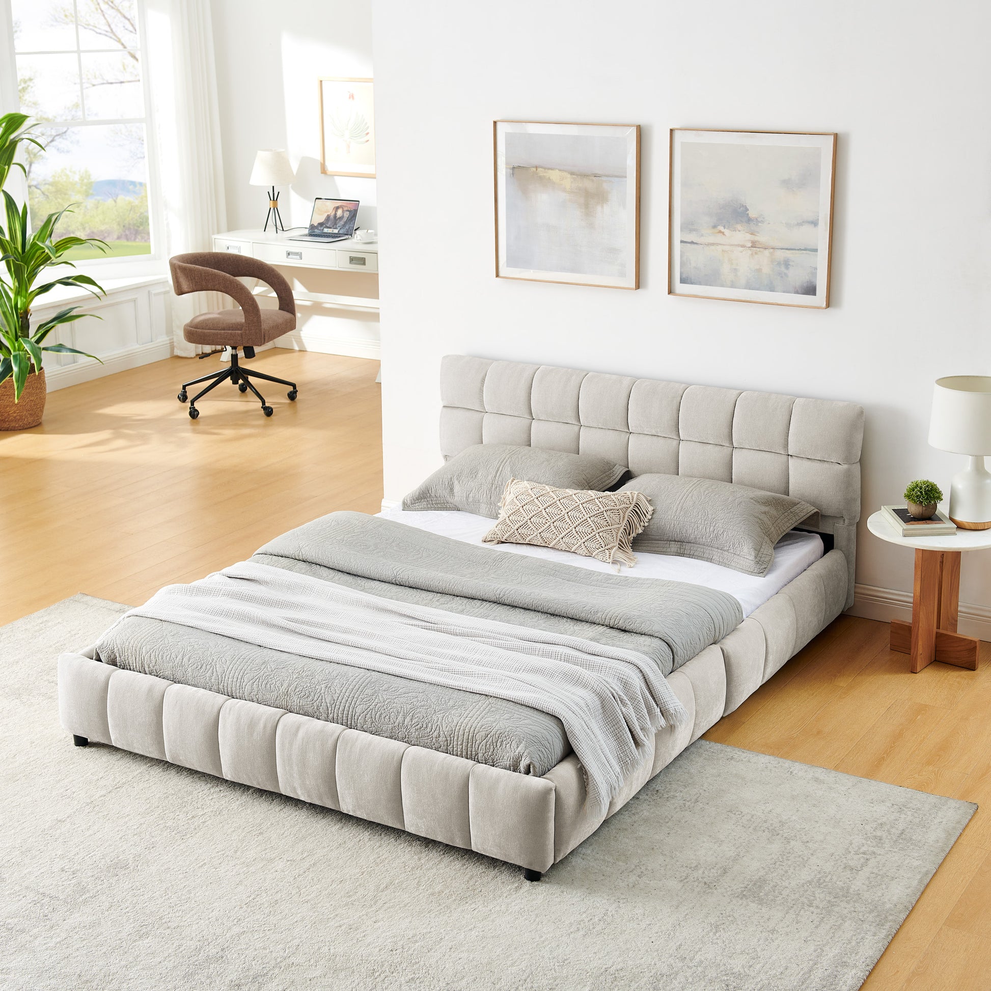 Queen Size Upholstered Bed,comfortable upholstered bed frame, Chenille fabric, with headboard and solid bed frame. With drawer for storage.-Beige(88.5''*68.5''*31'') image 4