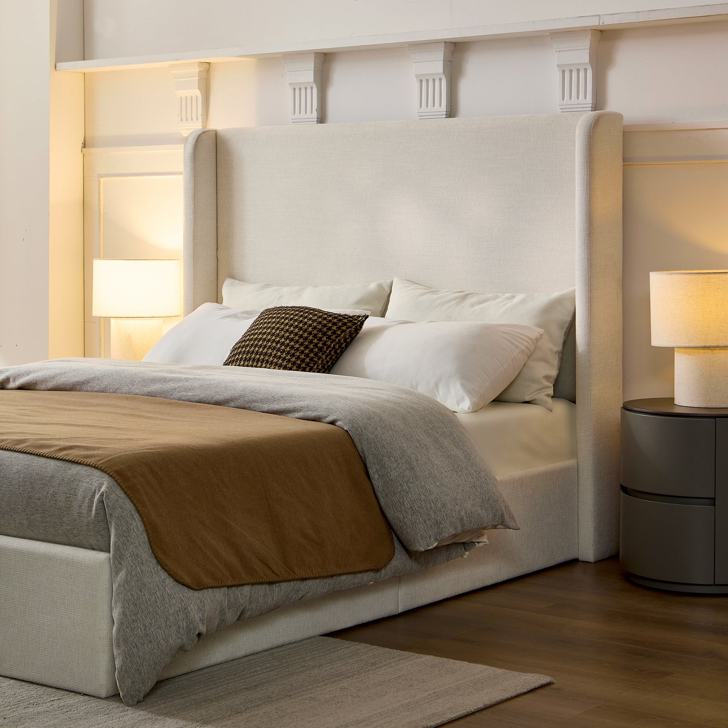 Carmen Upholstered Wingback Bed / Upholstered Platform Bed Frame / 52" High Headboard / Simplicity / Minimalist / No Box Spring Needed / California King / Textured Ivory Canvas / No Noise image 4
