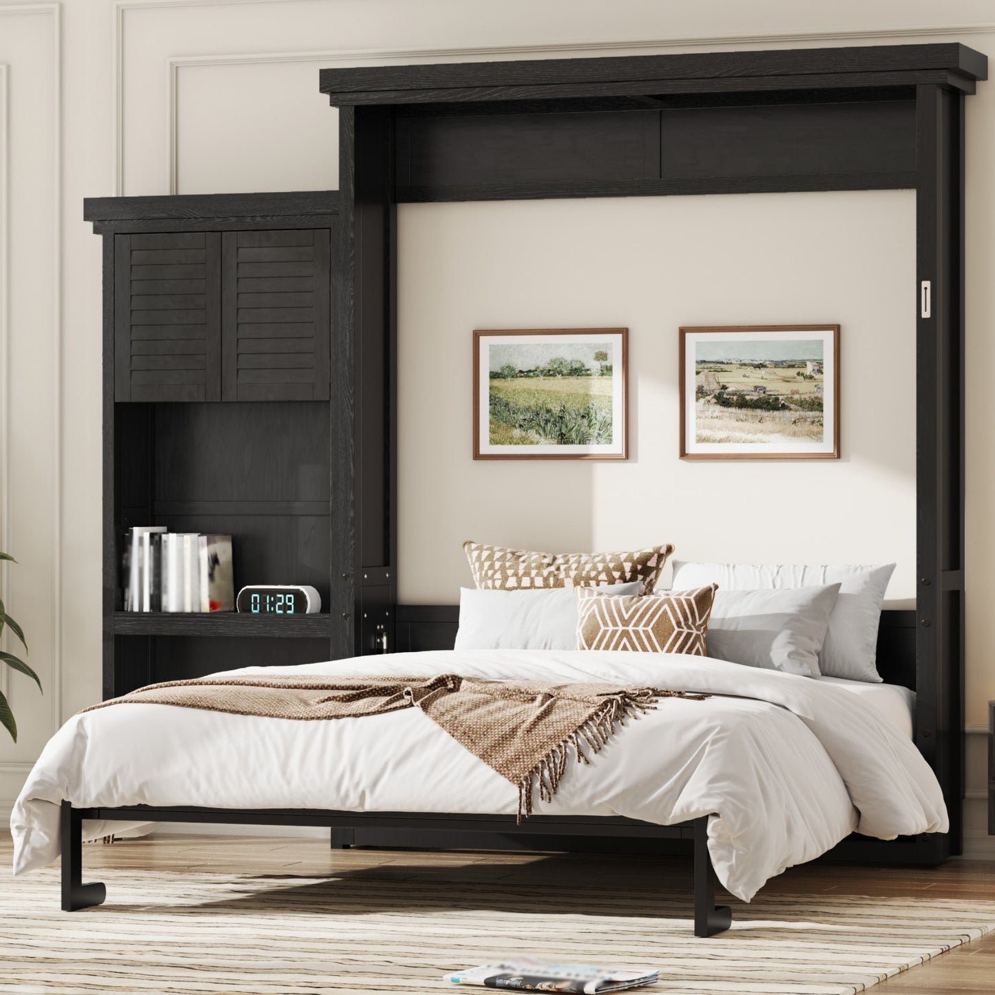 Queen Size Murphy Bed with Multiple Storage Shelves and Louvered Style Decoration,Black image 1