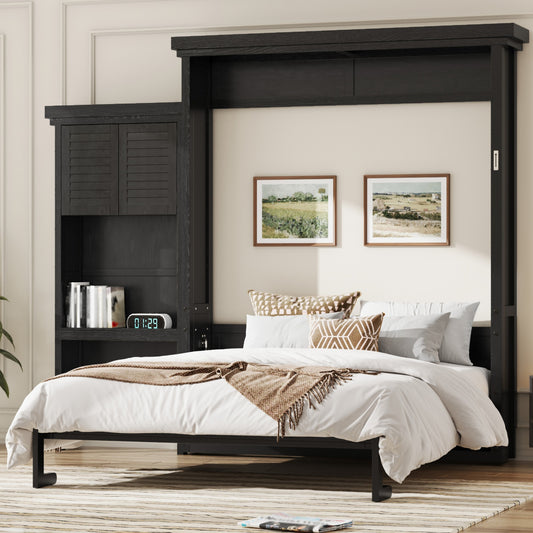 Queen Size Murphy Bed with Multiple Storage Shelves and Louvered Style Decoration,Black image 1