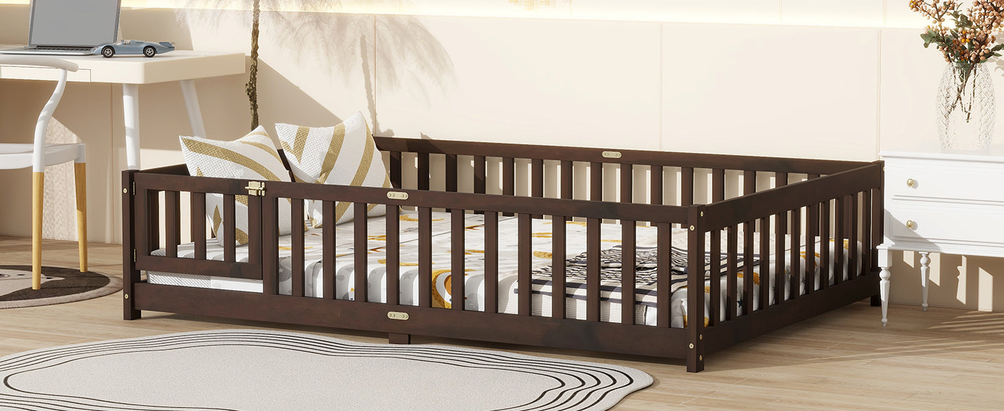 Full Size Floor Bed with Fence and Door,Rubber Wood Floor Bed with Safety Guardrails,Espresso (Old Sku W504P286381) image 10