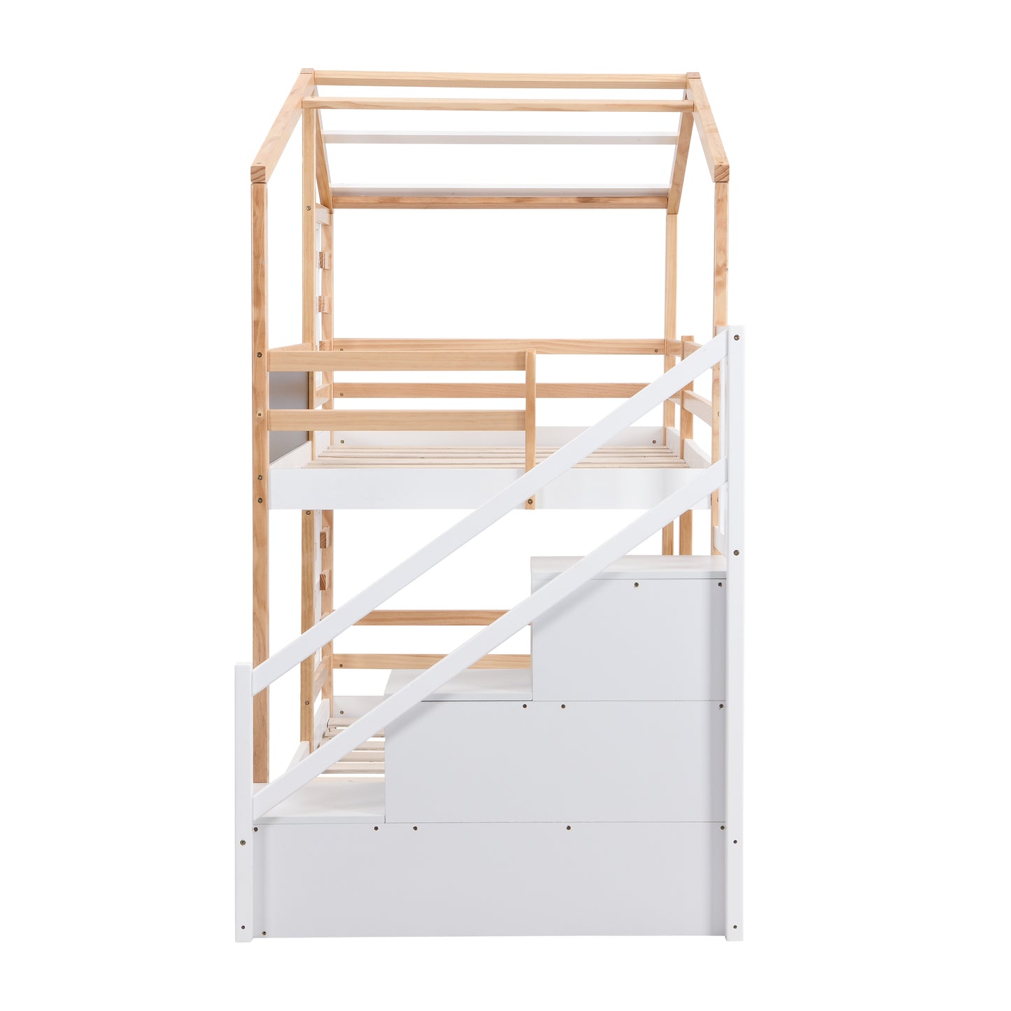 Twin over Twin Bunk Bed House Bed With Roof Windows Blackboard And Storage Ladder Platform Bed,bed Frame image 9