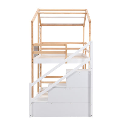 Twin over Twin Bunk Bed House Bed With Roof Windows Blackboard And Storage Ladder Platform Bed,bed Frame image 9