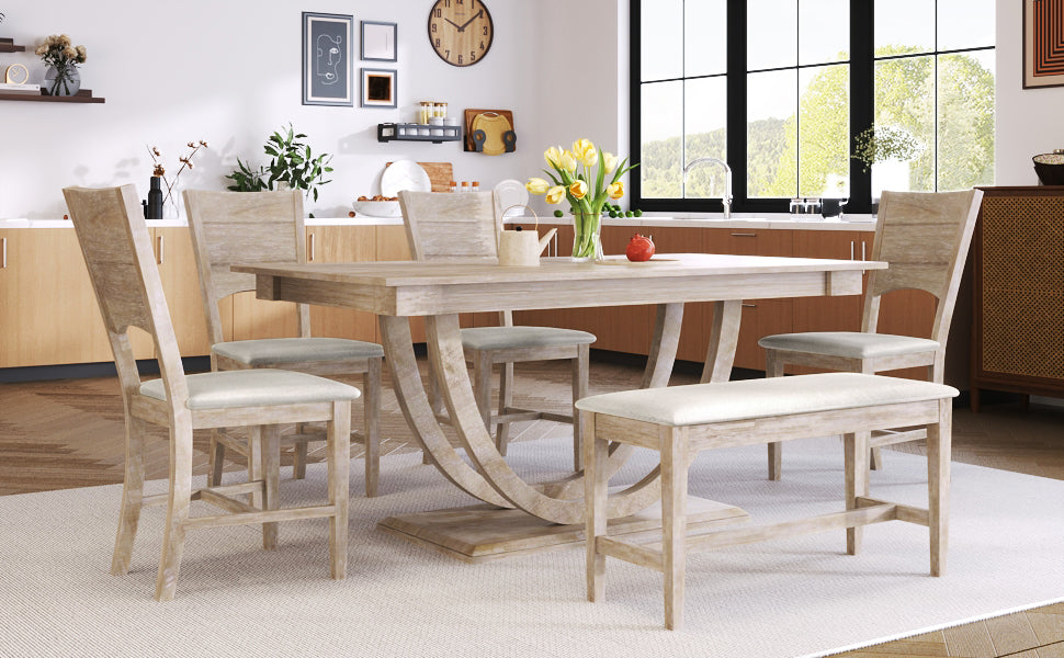 TOPMAX 6-Piece Wood Half Round Dining Table Set Kitchen Table Set with Long Bench and 4 Dining Chairs, Modern Style, Seadrift image 7