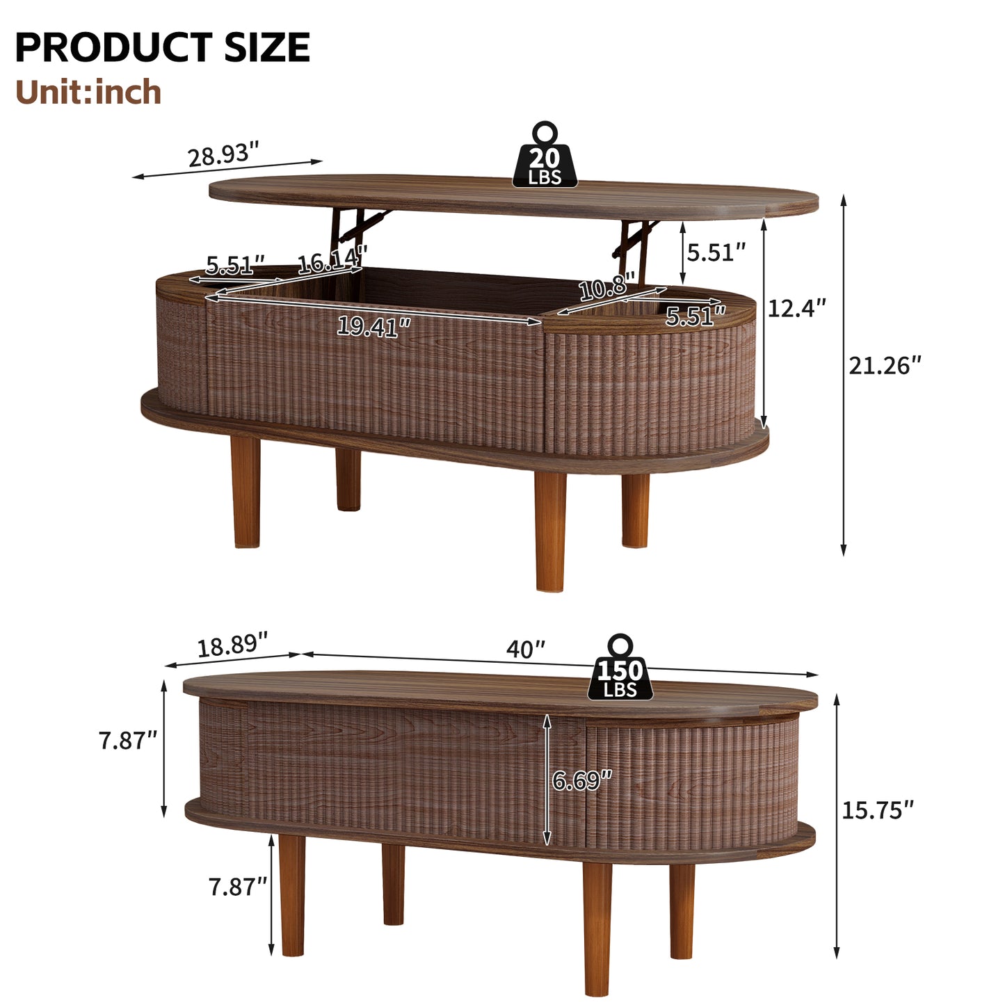 Fluted Lift Top Coffee Table with Hidden Compartment, Wooden Center Table, Modern Oval Lift Tabletop for Home Living Room Office, Walnut Color image 2