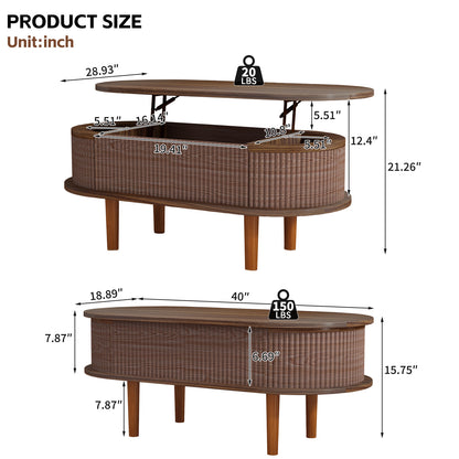 Fluted Lift Top Coffee Table with Hidden Compartment, Wooden Center Table, Modern Oval Lift Tabletop for Home Living Room Office, Walnut Color image 2