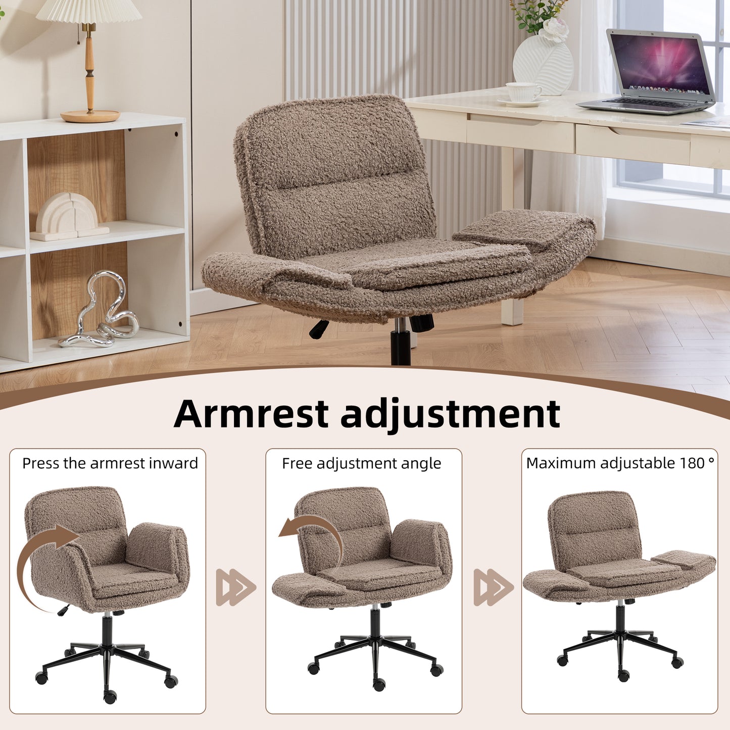 Criss Cross Chair with 5-Gear Adjustable Armrests & Wheels, Ergonomic Thickened Backrest Swivel Desk Chair for Home Office, Vanity, Bedroom and Living Room,brown Teddy fleece image 3
